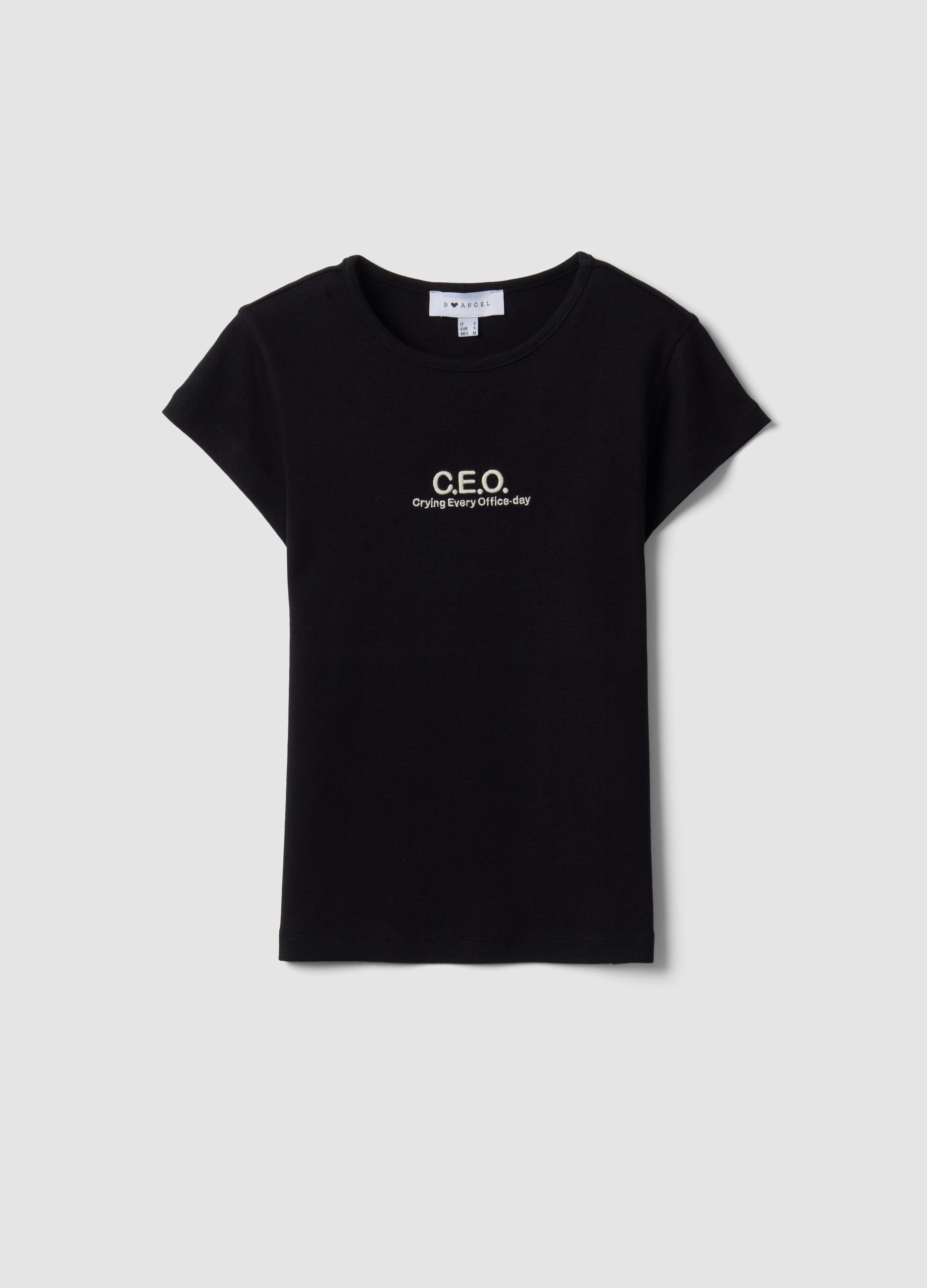 Black pure cotton crew-neck T-shirt with slogan