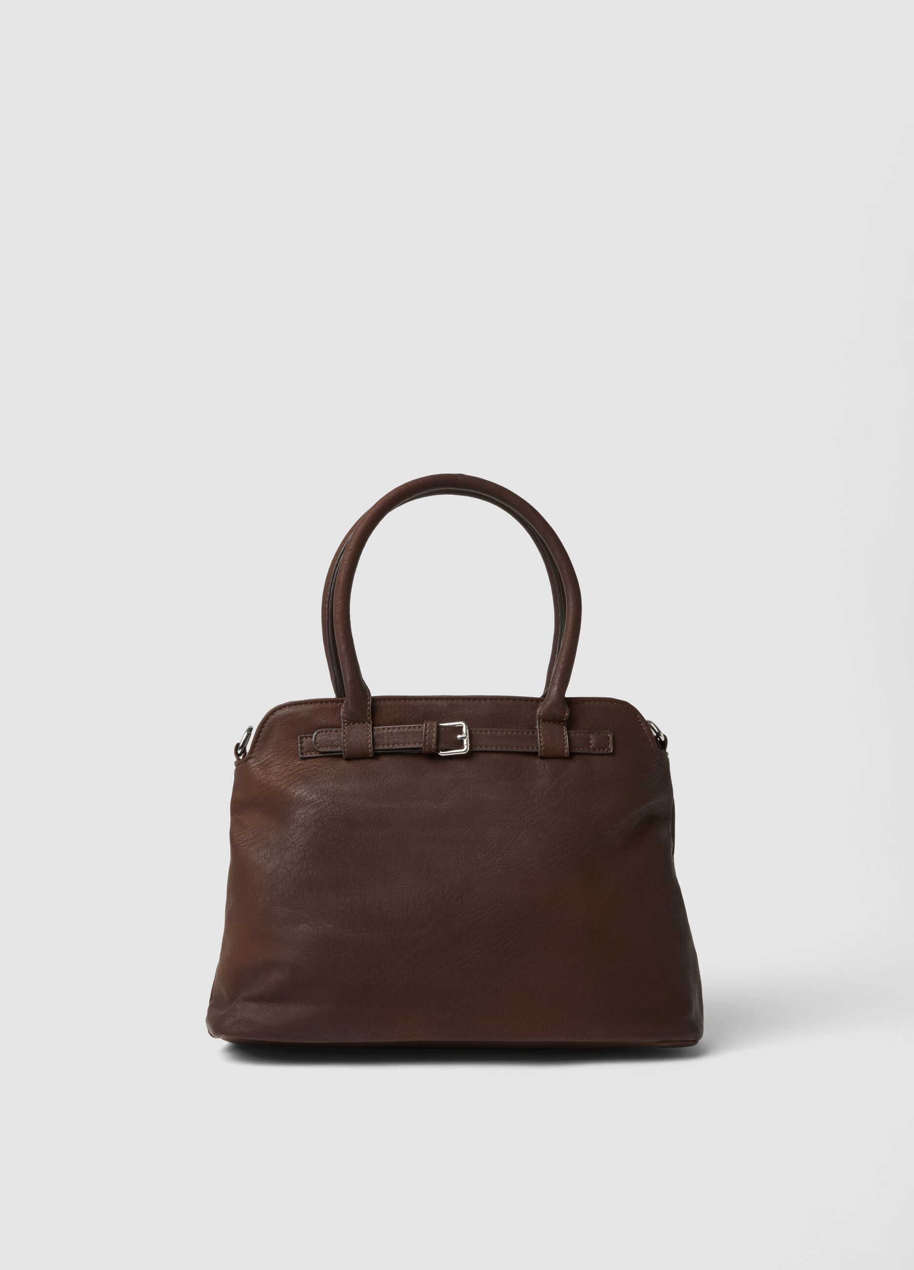 Brown handbag with double handles and shoulder strap