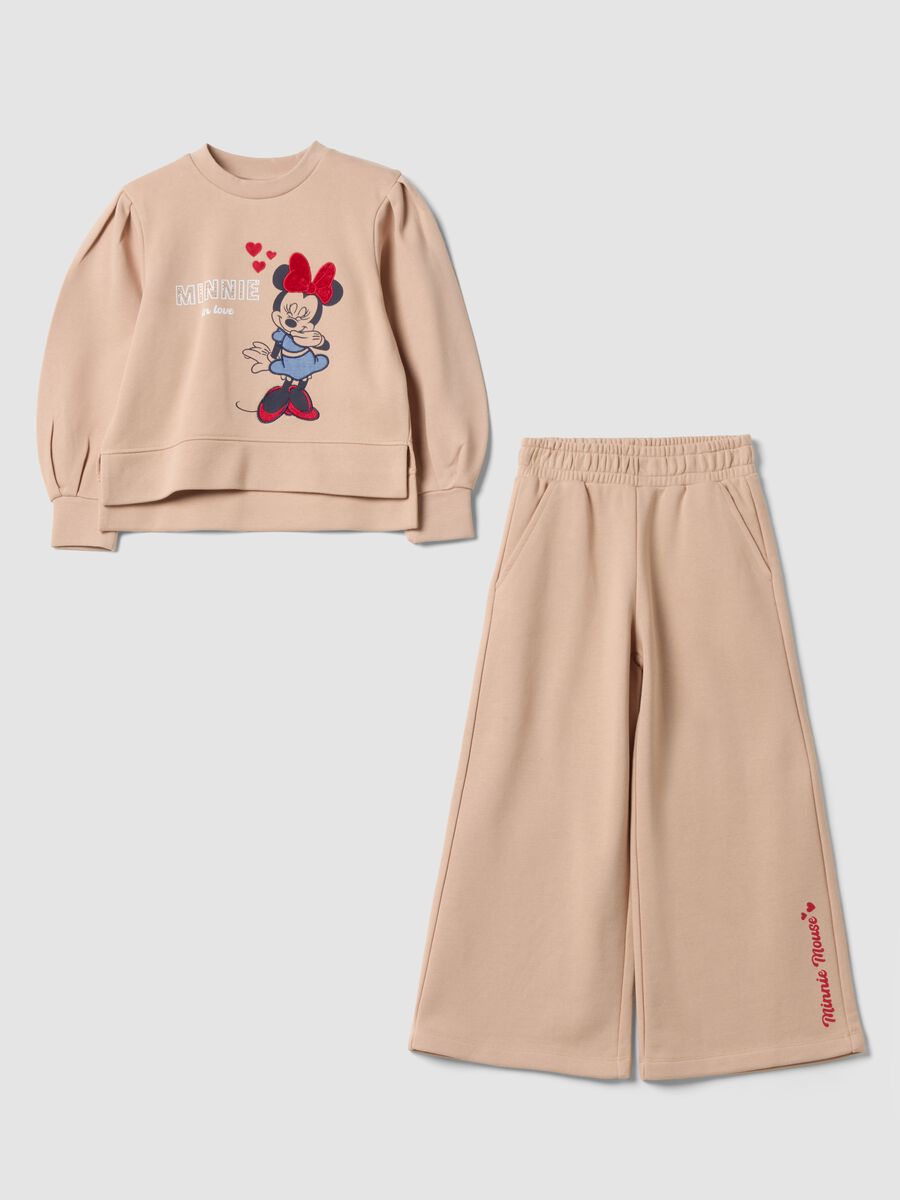 Beige cotton-blend tracksuit with crew neck and Minnie print for girls_0