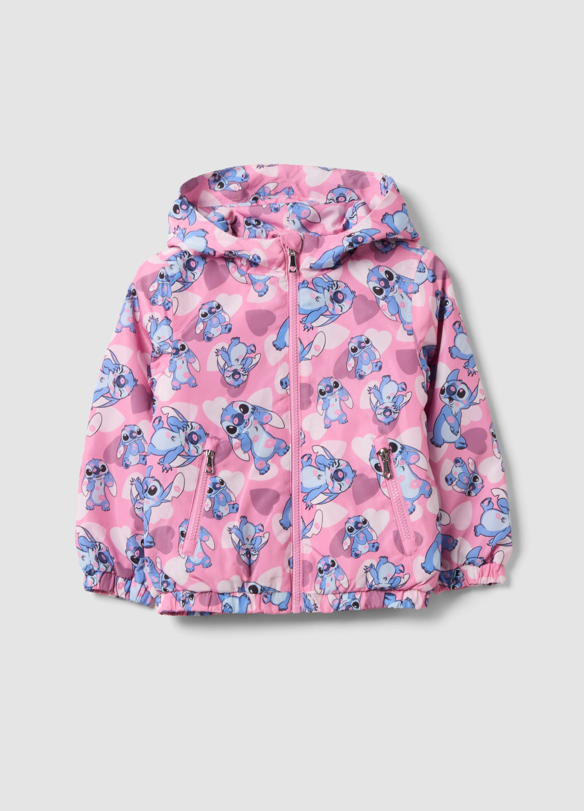 Pink padded rain jacket with hood, zip and Lilo & Stitch print