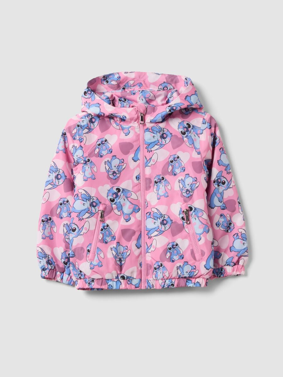 Pink padded rain jacket with hood, zip and Lilo & Stitch print_0