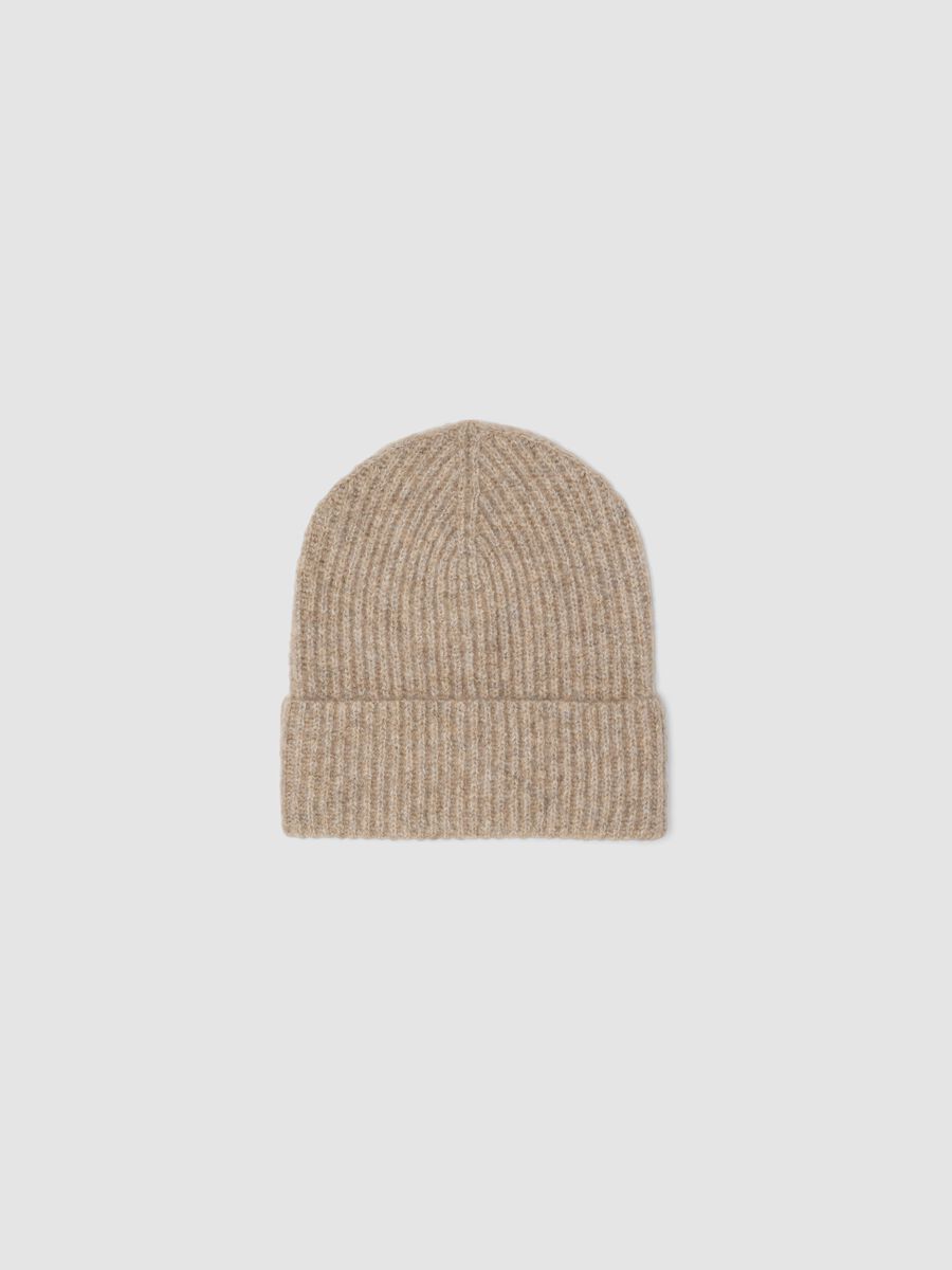 Beige gerippte Beanie aus elastischer Wolle_0