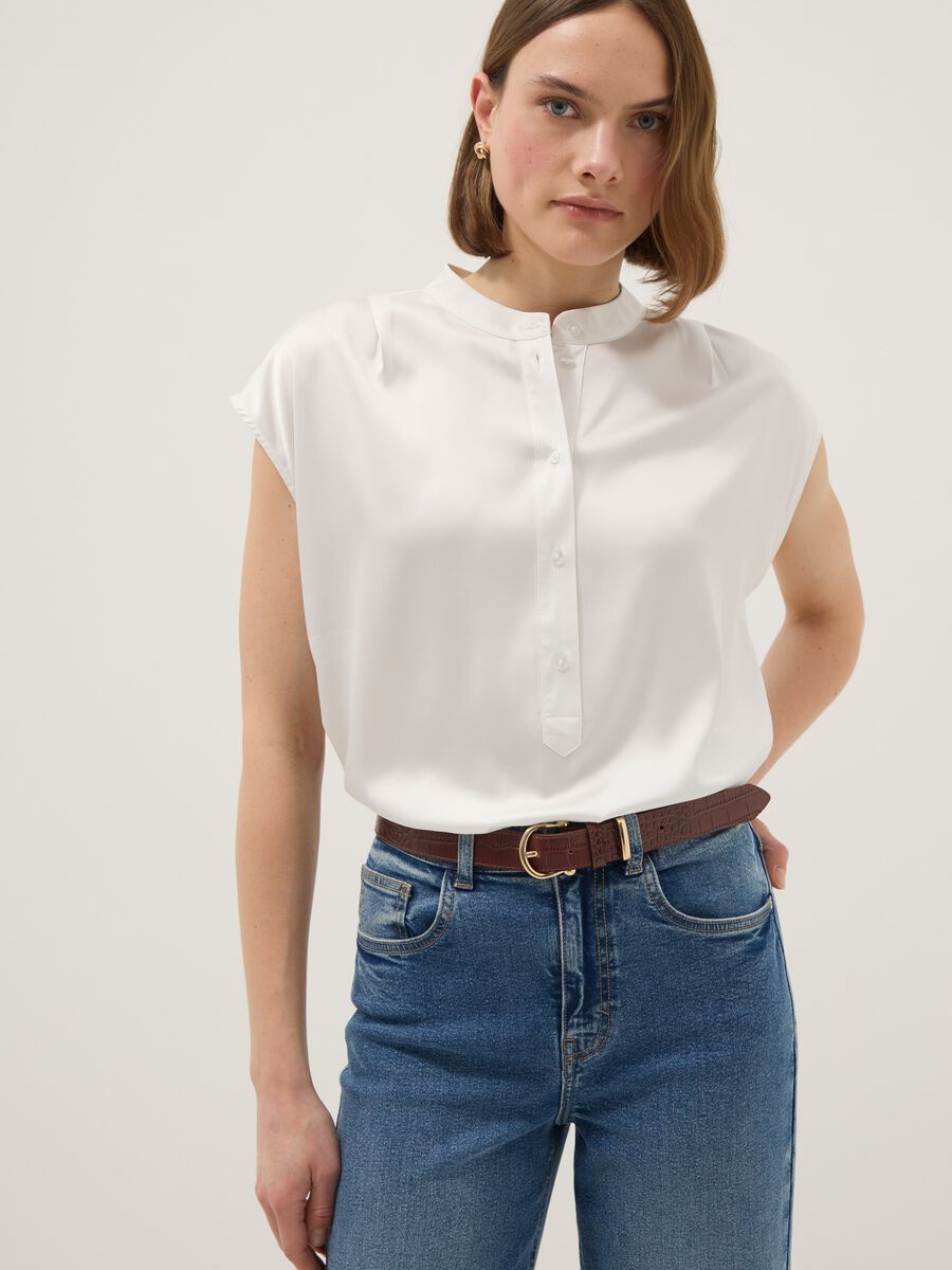 White short sleeve blouse regular fit with mandarin collar_0