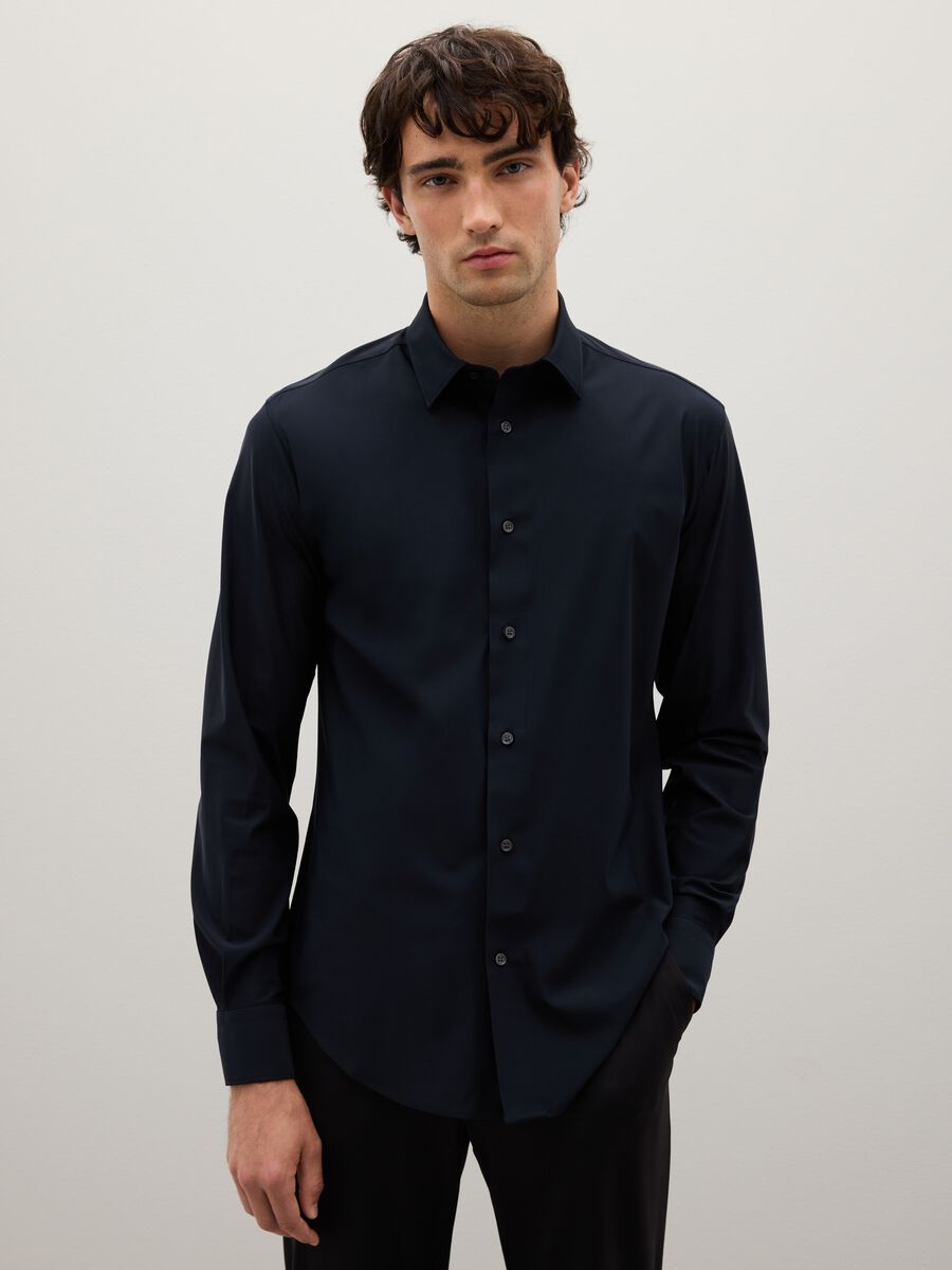 Slim fit black stretch fabric shirt_1