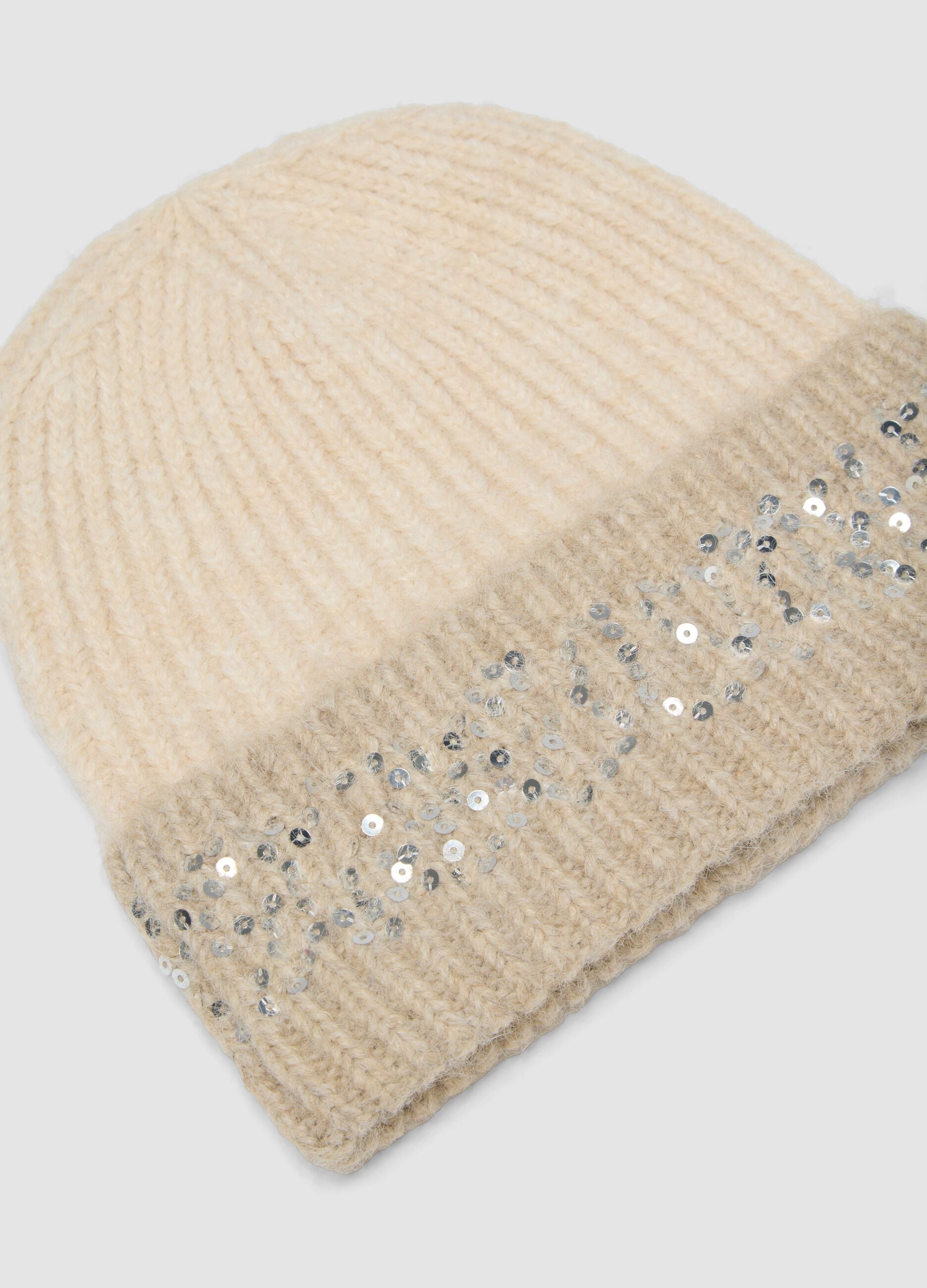 Berretto grigio melange in misto lana elasticizzata con paillettes