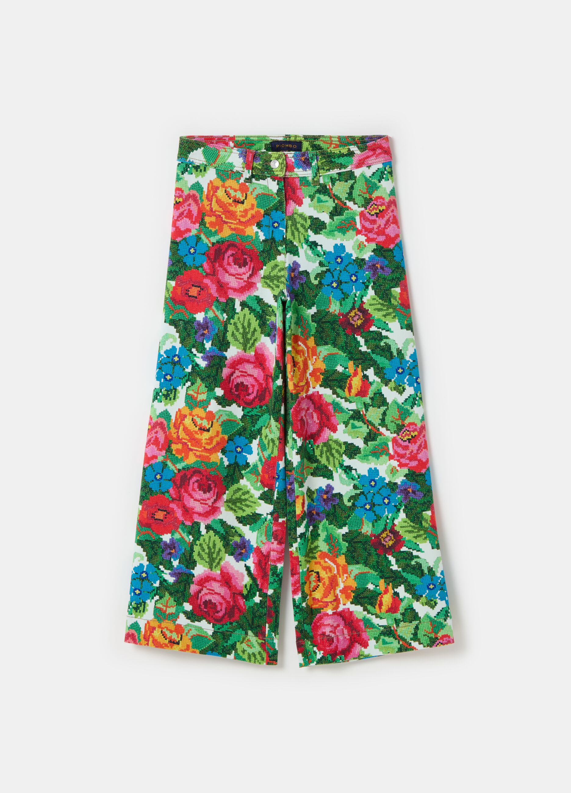 Embroidery-effect floral wide-leg trousers