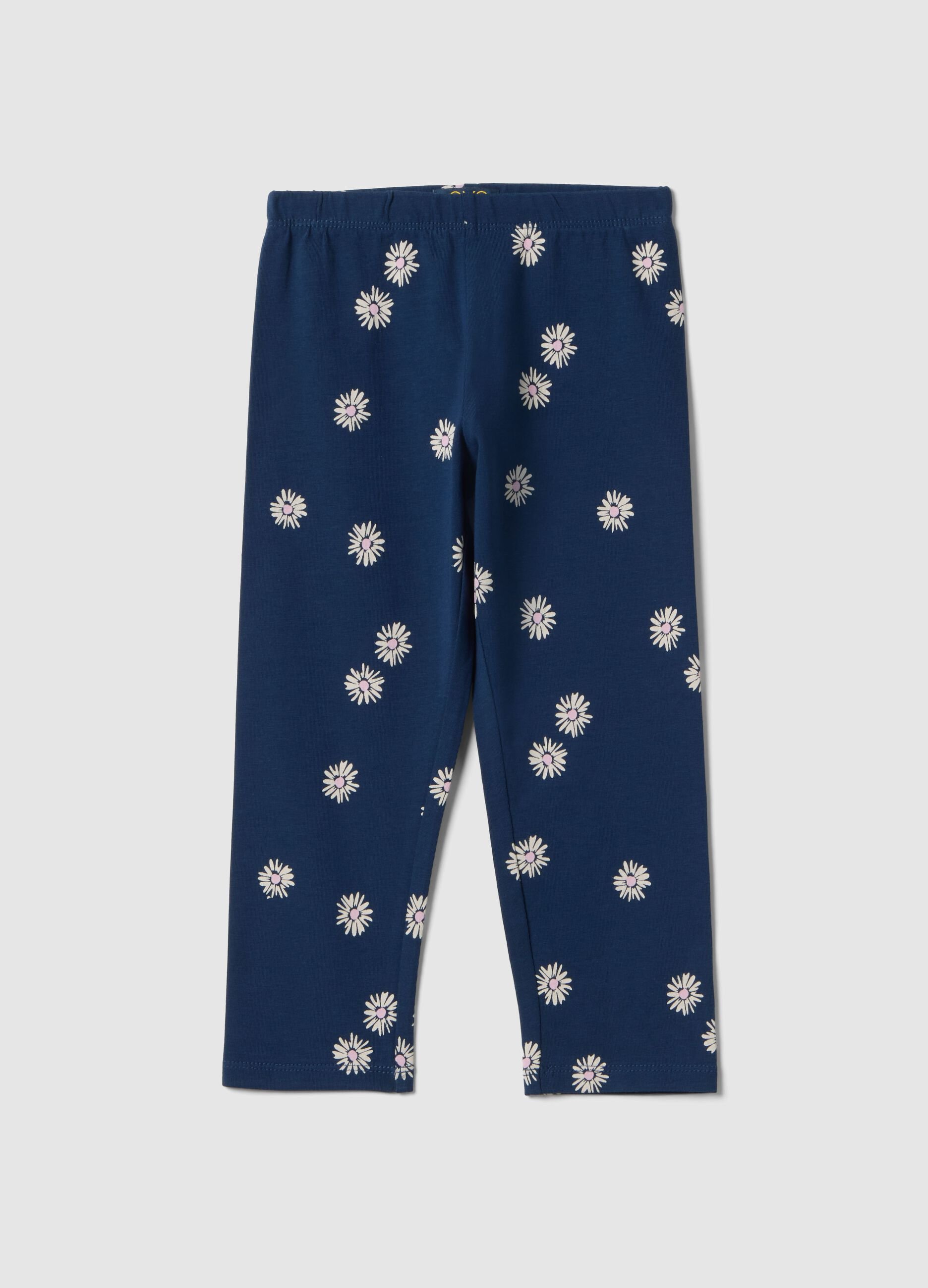 Girls' skinny blue cotton leggings with flowers
