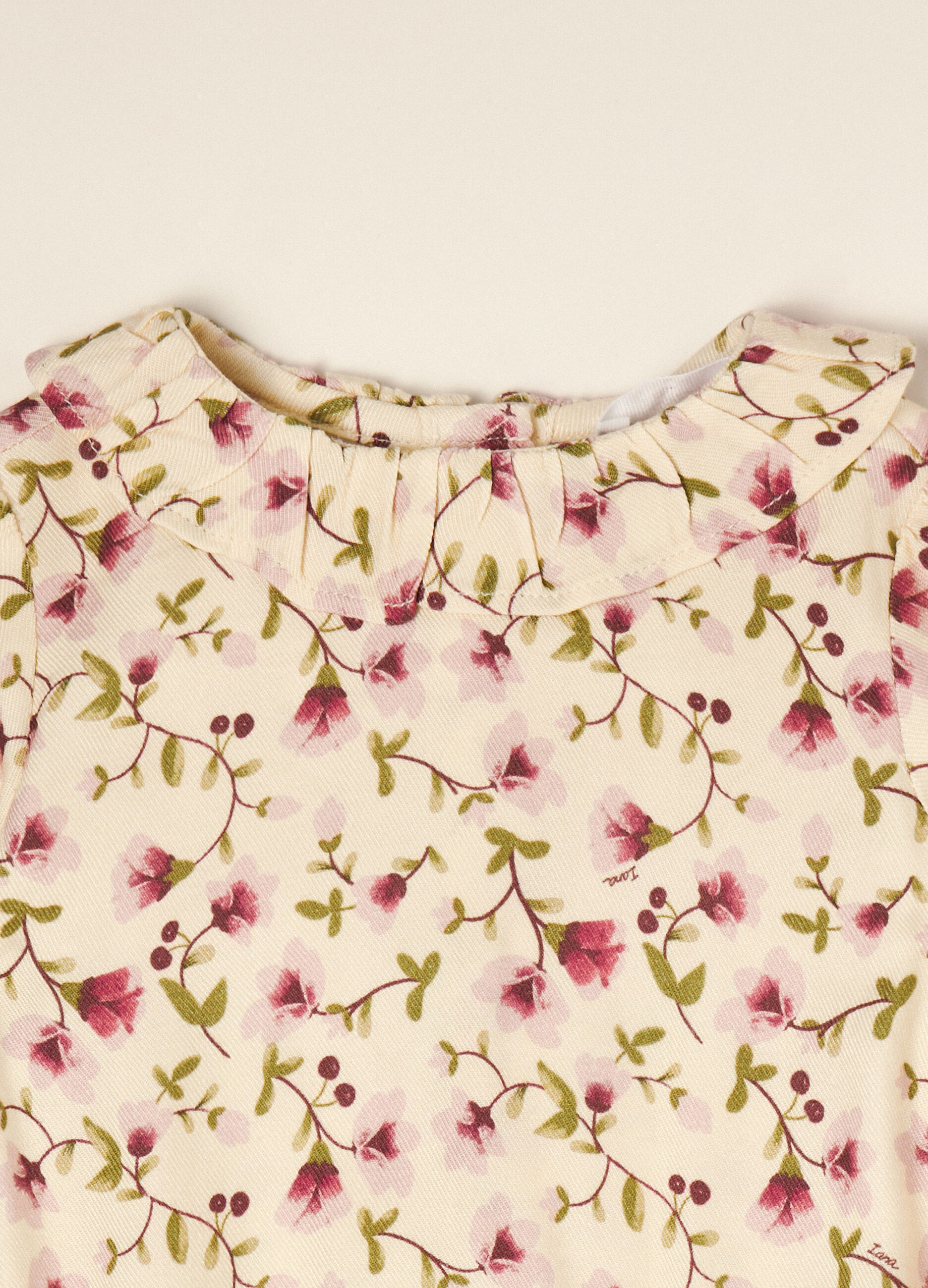 Beige floral pure viscose baby bodysuit with round neck