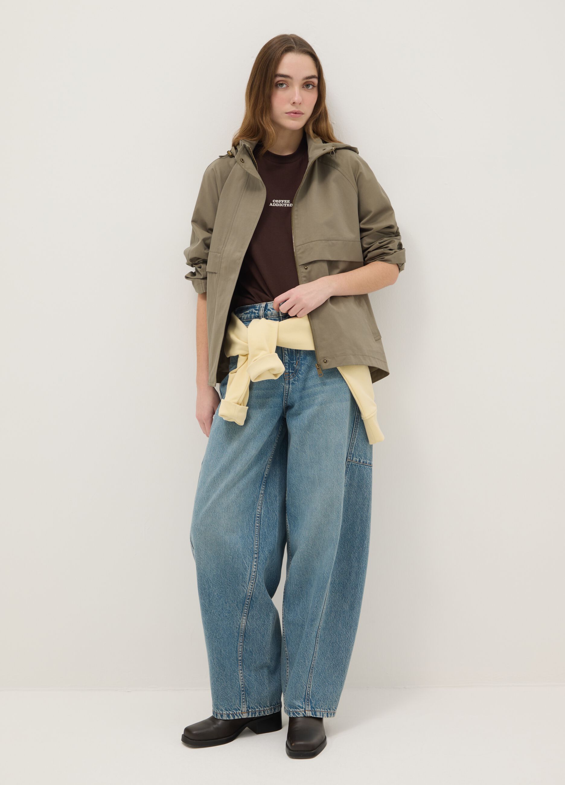 Green Cotton Blend Parka with Hood Regular Fit