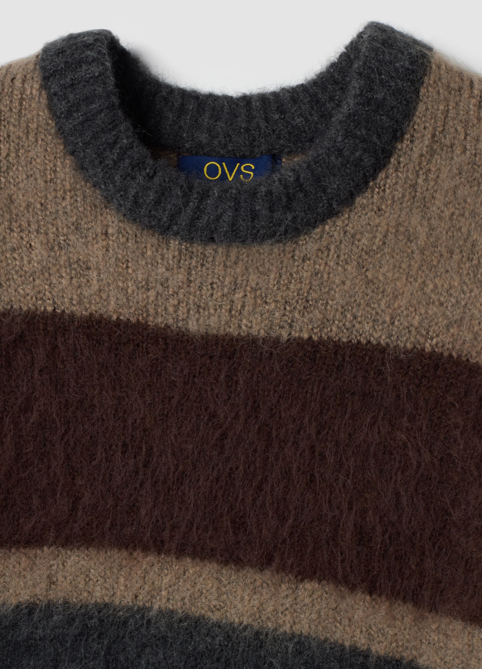 Brown striped stretch wool crew-neck jumper, regular fit