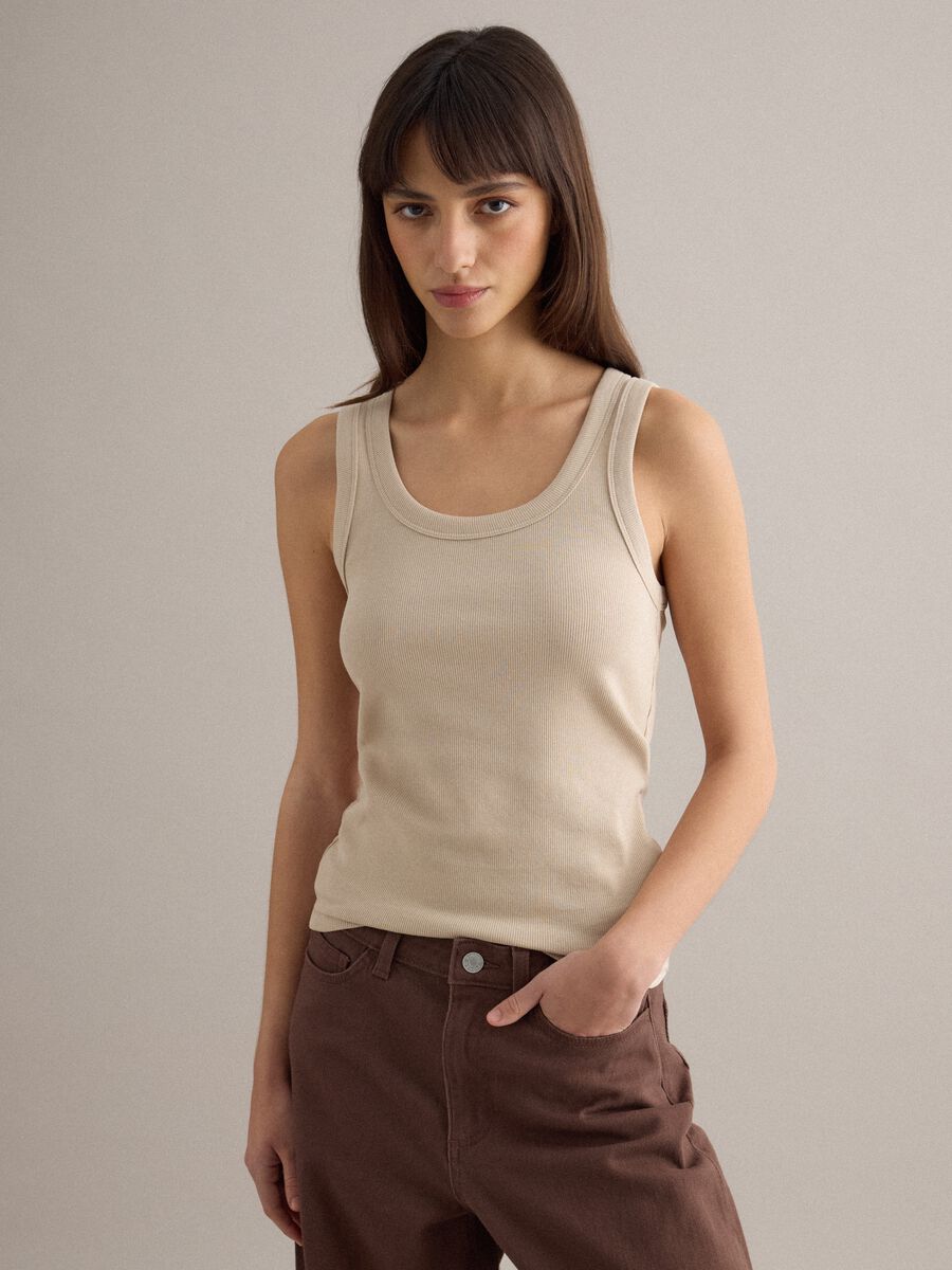 Beige stretch cotton regular-fit tank top_0