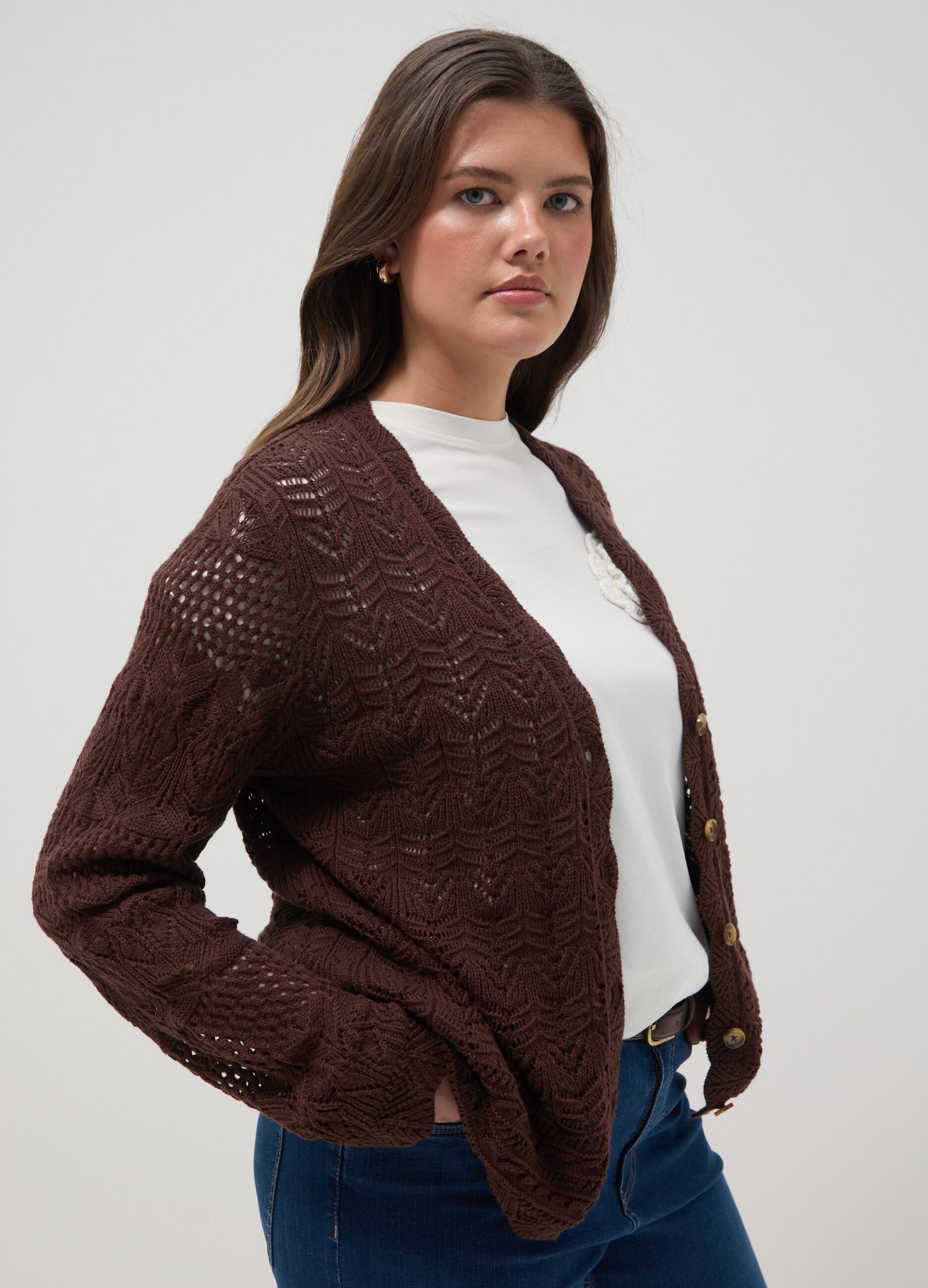 Brauner Cardigan aus reiner Baumwolle, Regular-fit mit Lochmuster