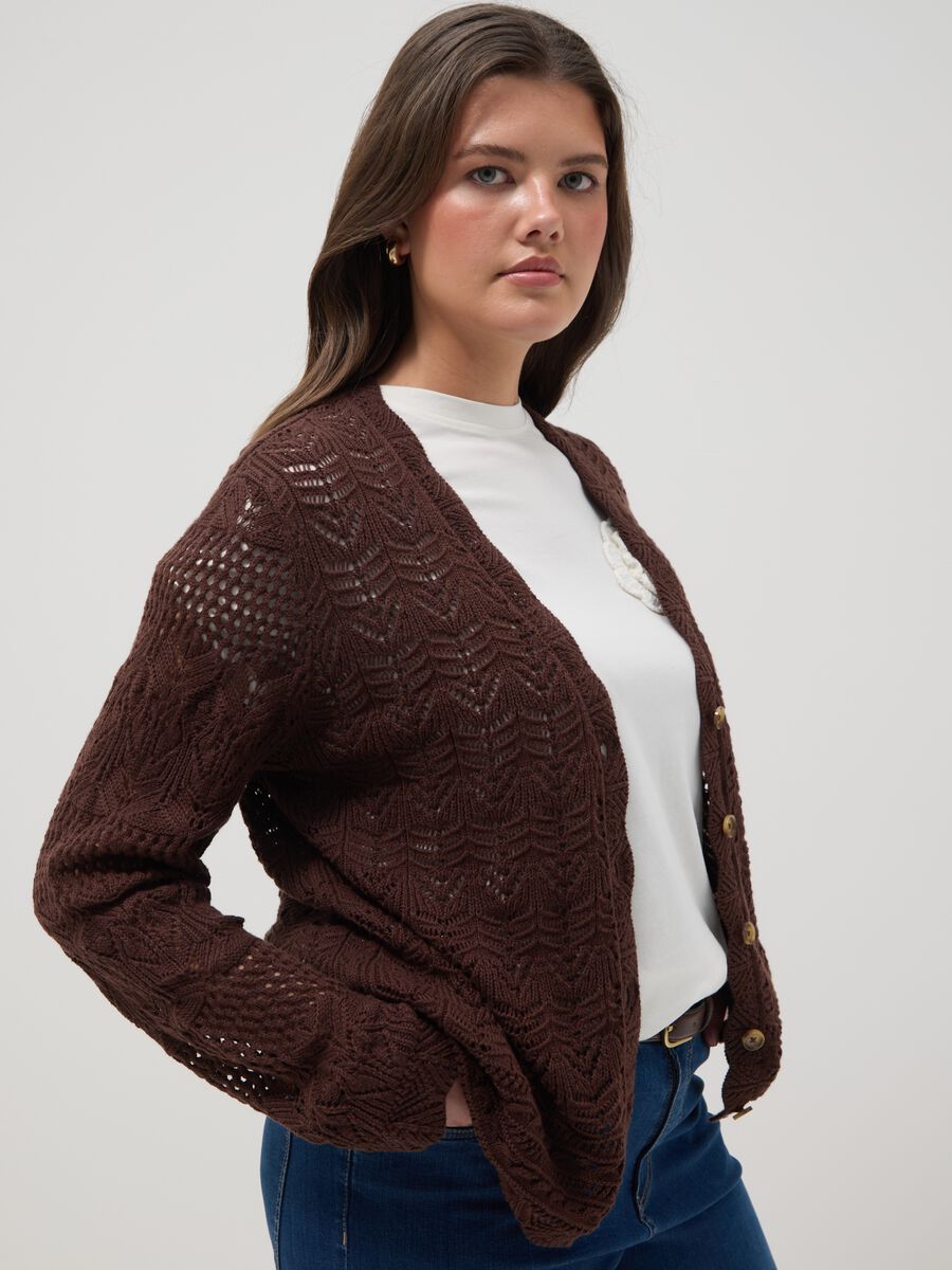 Brown pure cotton cardigan regular fit with lace pattern_0