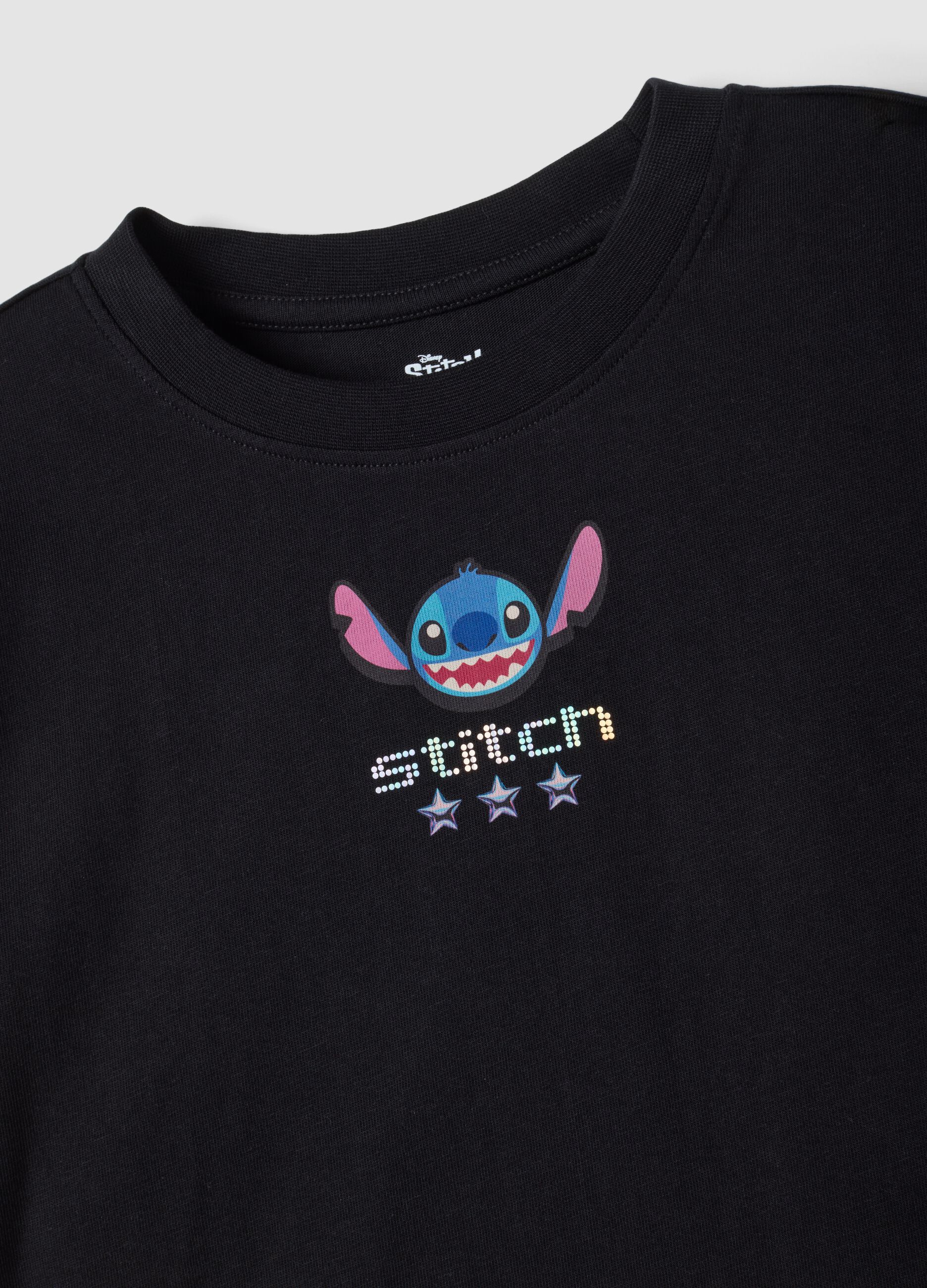 T-shirt nera in puro cotone con collo a costine e stampa Stitch