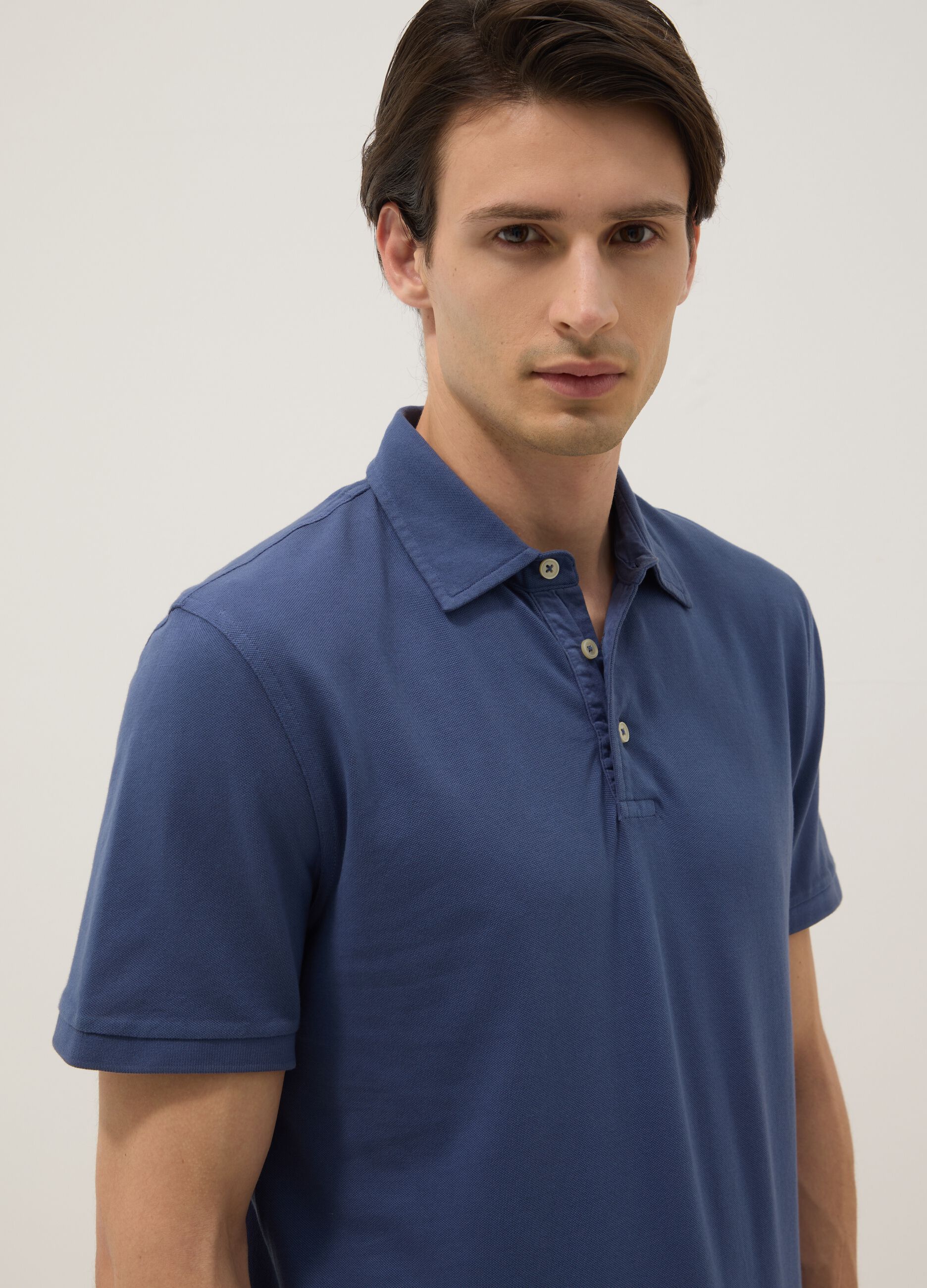 Blue pure cotton slim-fit short-sleeve polo