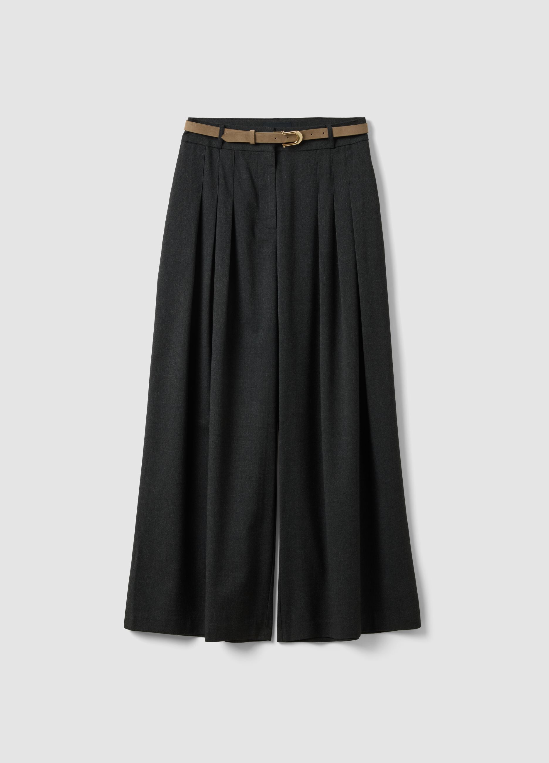 Grey wide-leg formal trousers in stretch viscose with belt