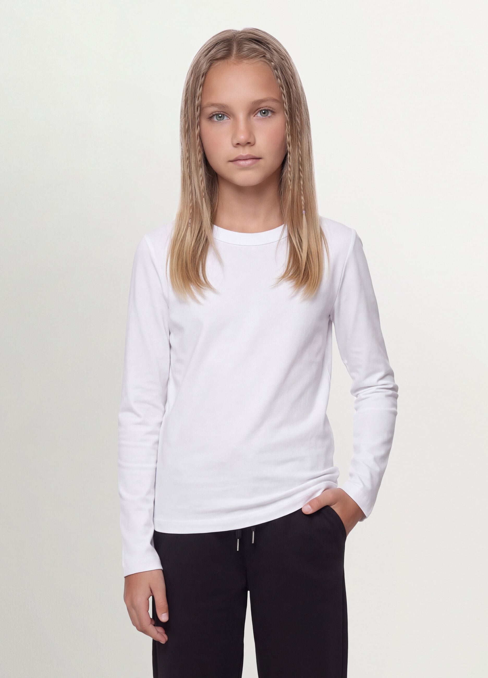 White organic cotton and stretchy viscose T-shirt with ribbed neckline for girls