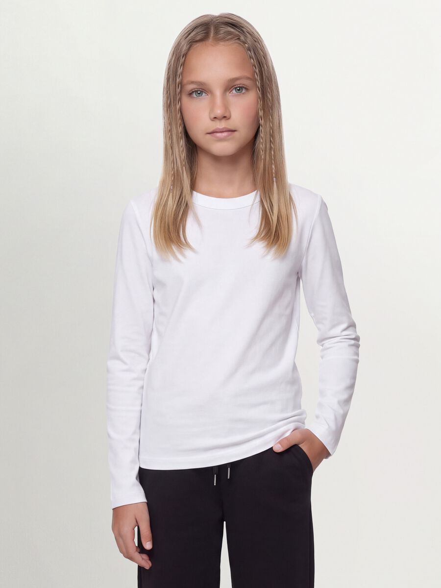 White organic cotton and stretch viscose T-shirt with ribbed neckline for girls_0