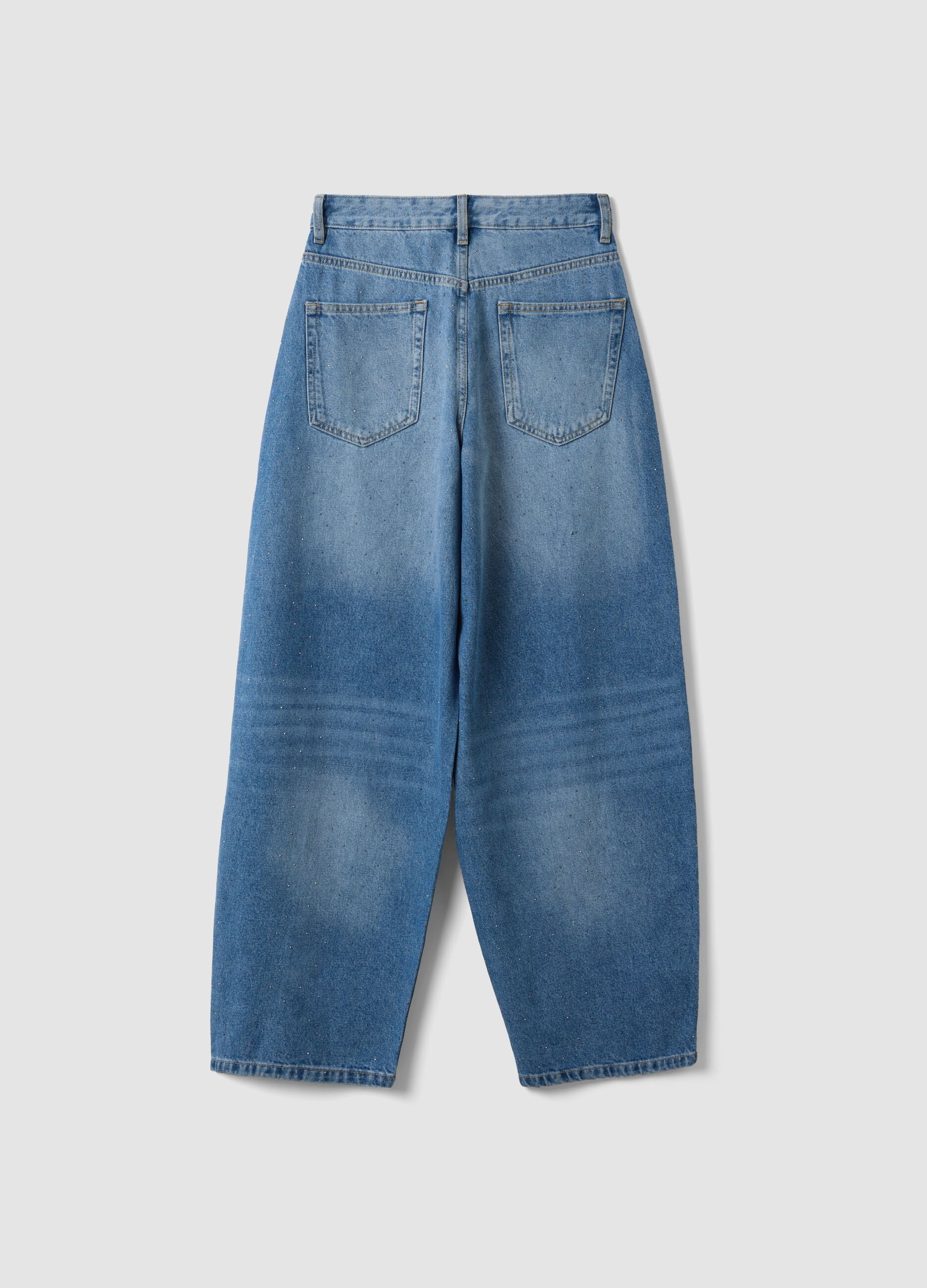 Blue pure-cotton skater-fit jeans with rhinestones