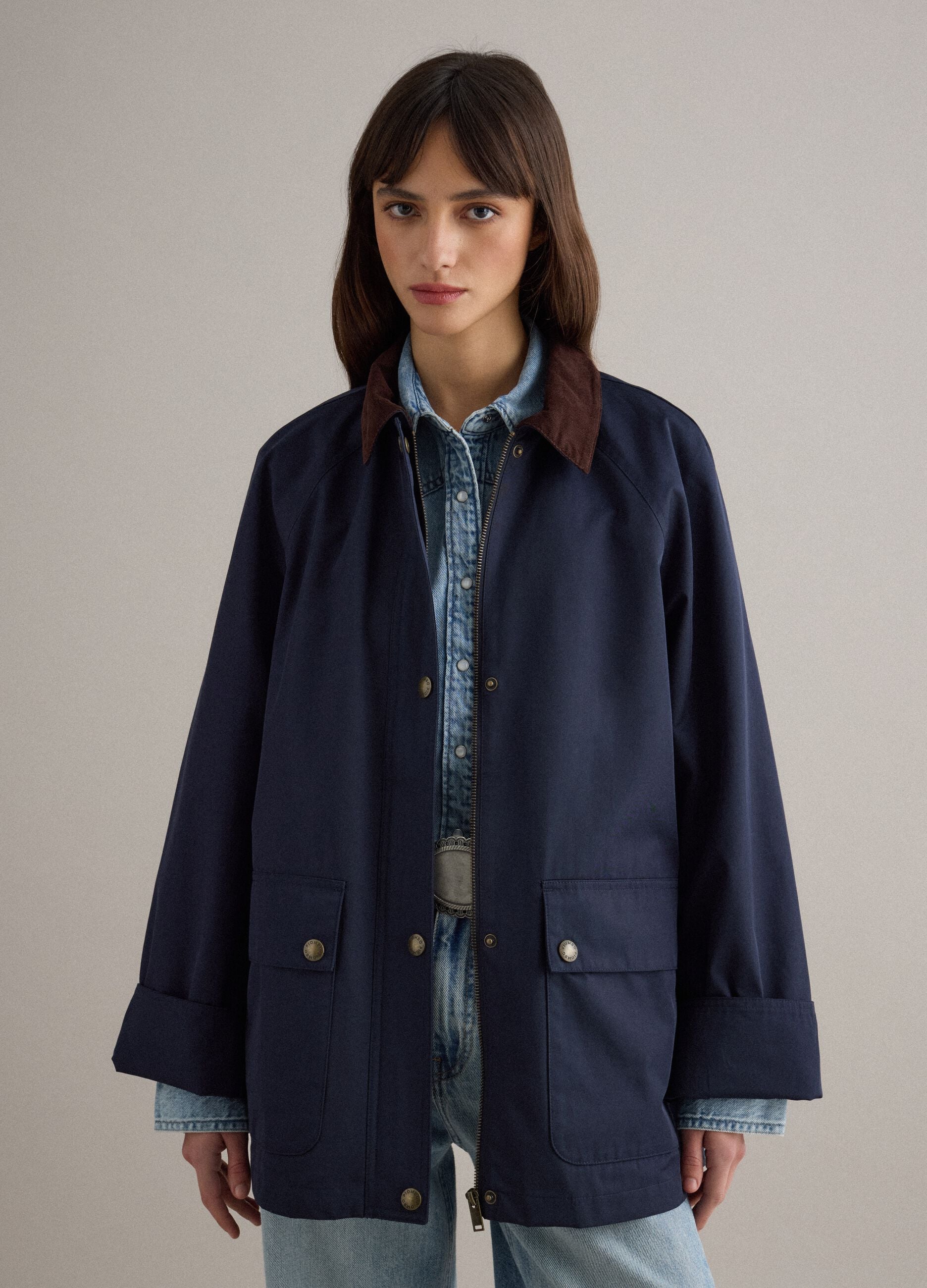 Blue cotton-blend jacket regular fit with contrasting collar
