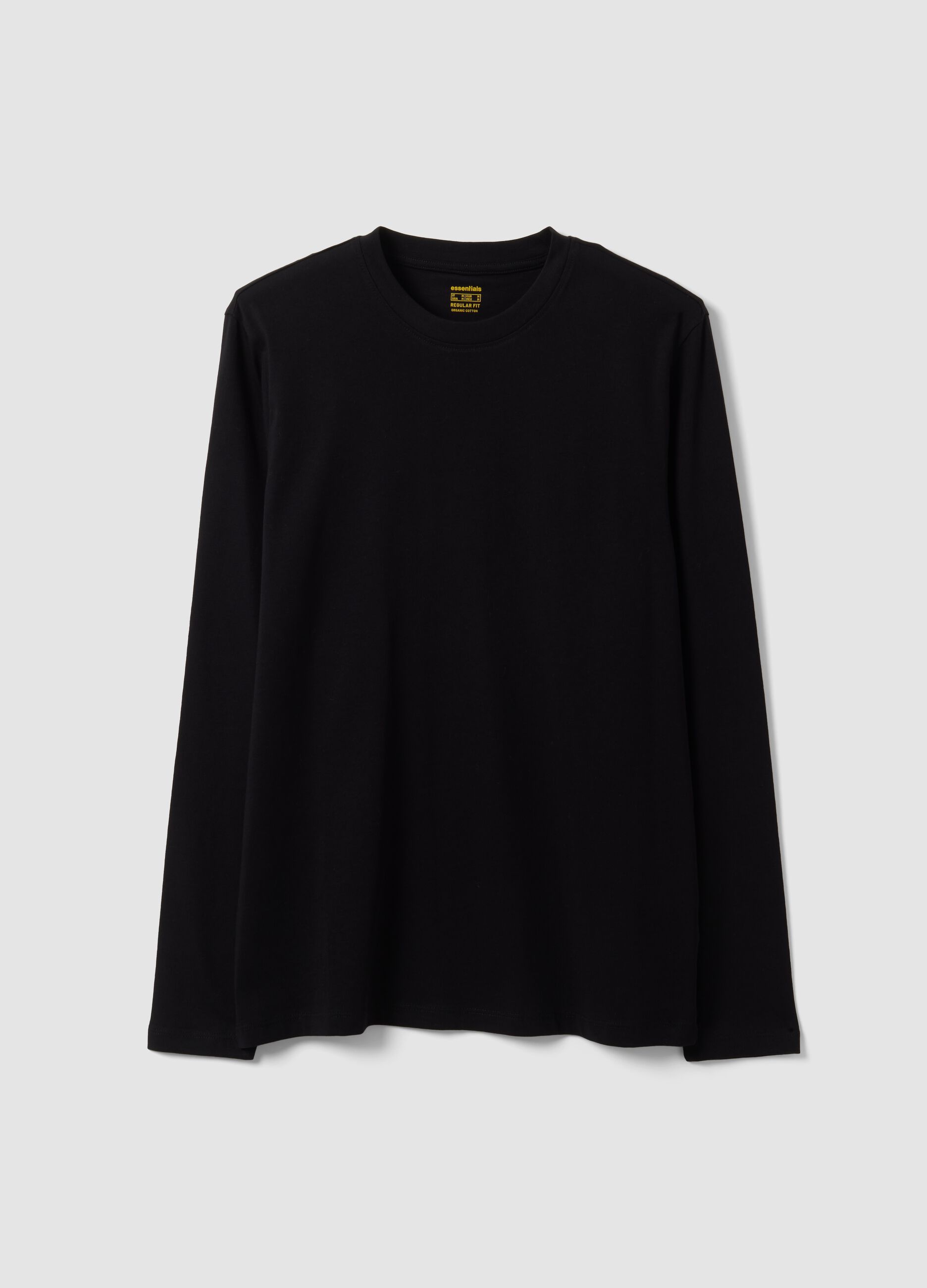 T-shirt preta de manga comprida em 100% algod&atilde;o org&acirc;nico com gola redonda