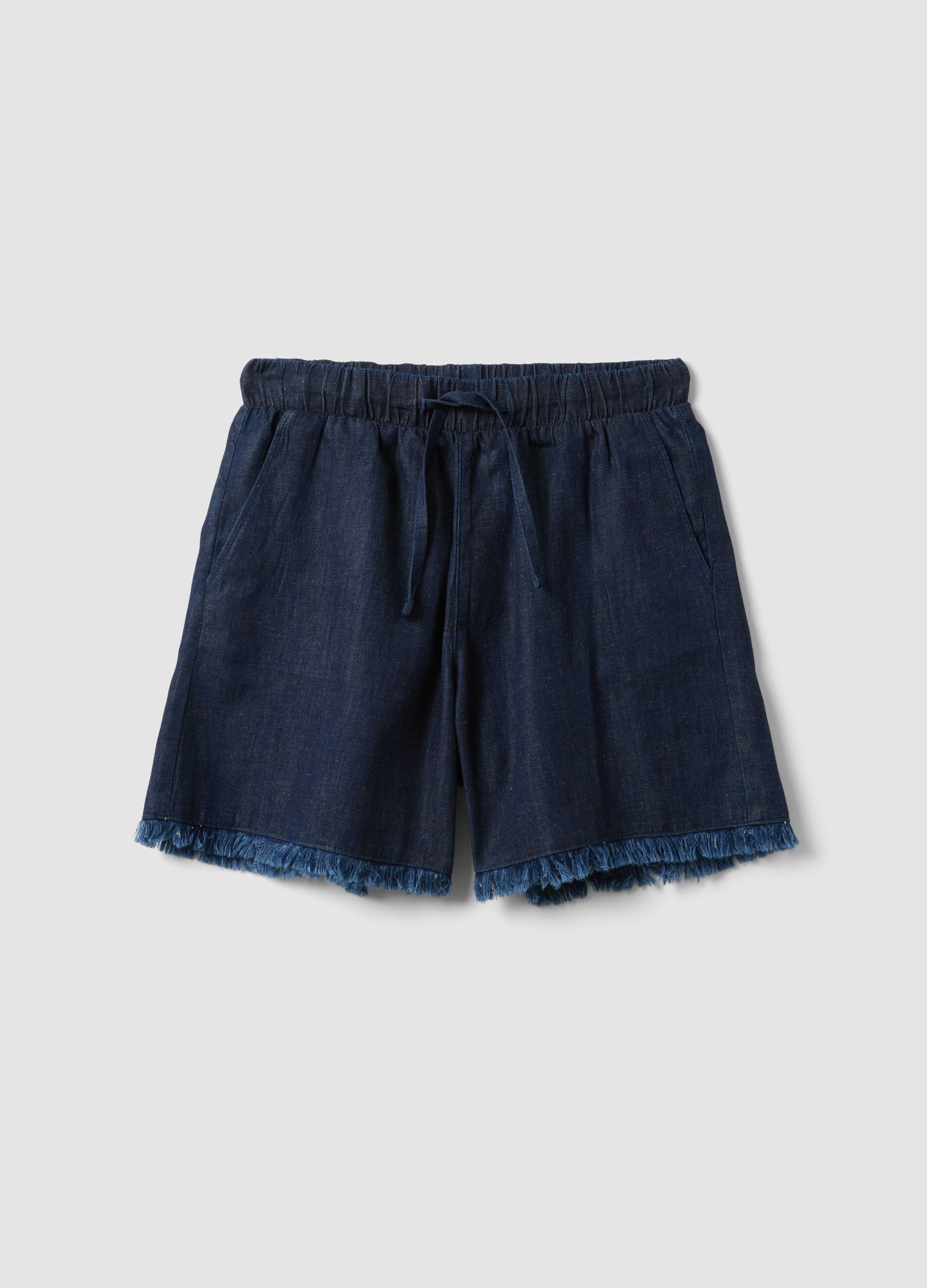 Blue cotton-blend denim shorts, regular fit with frayed hem
