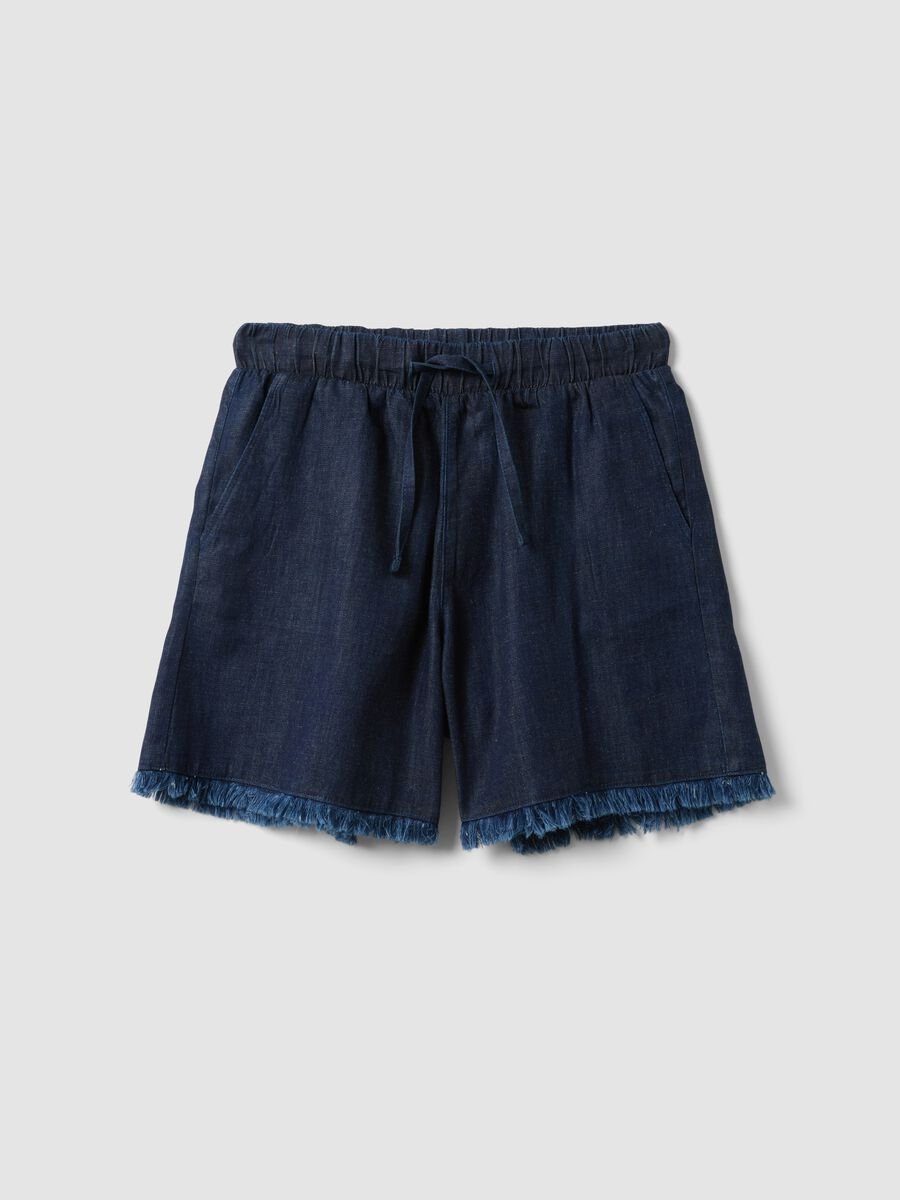 Blue cotton-blend denim shorts, regular fit with frayed hem_4