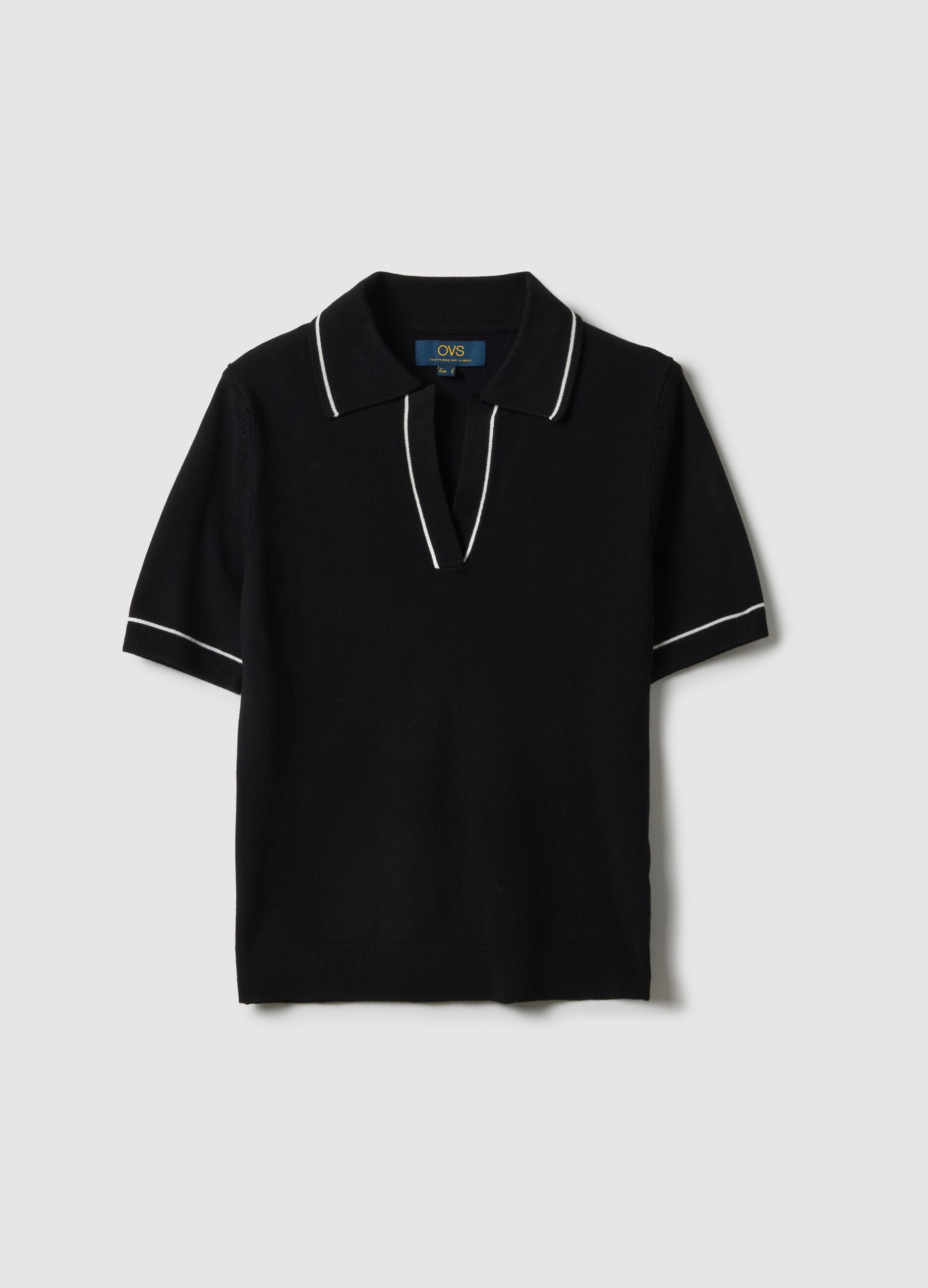 Black viscose blend slim fit polo with contrast stitching