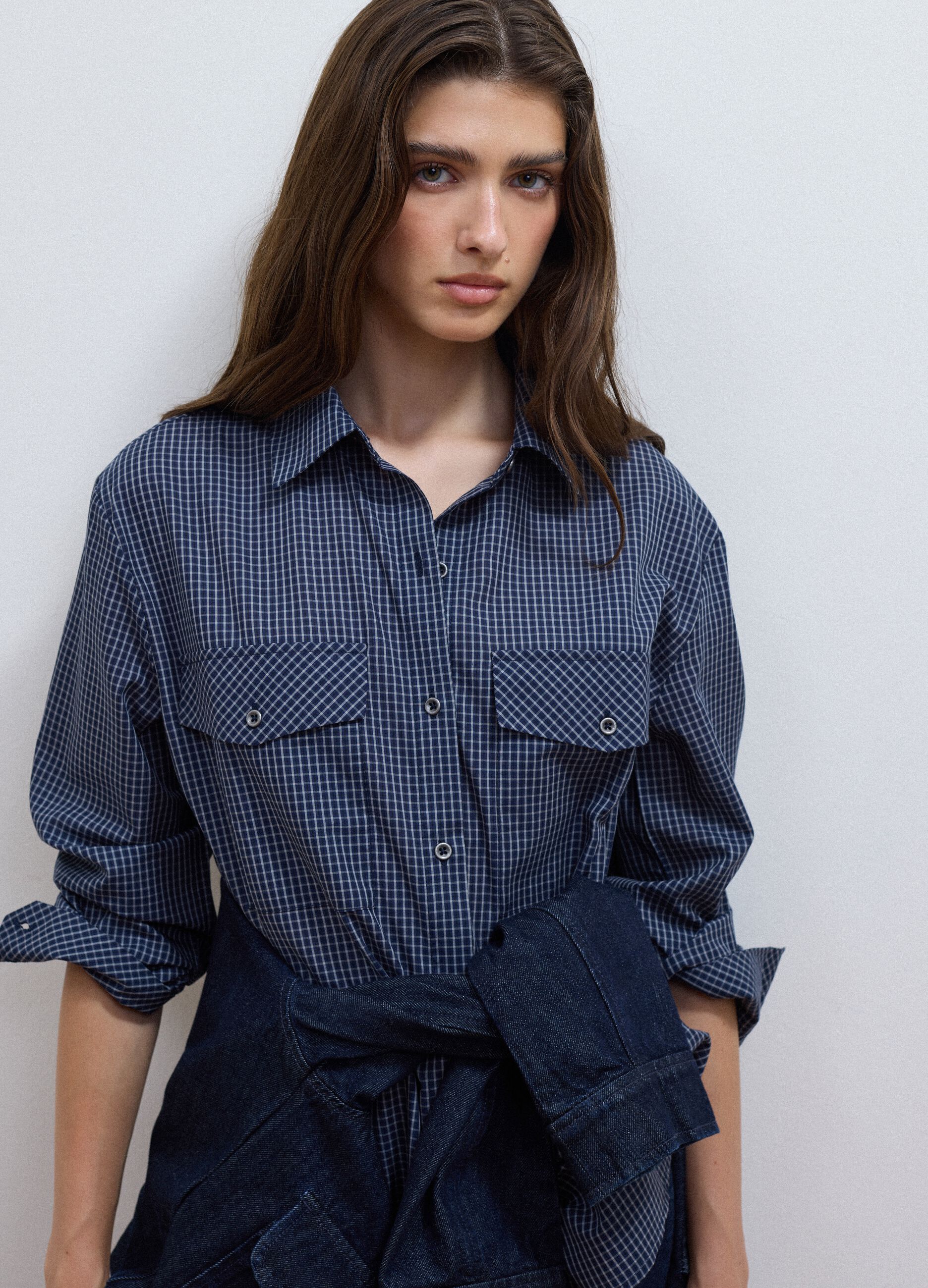 Camicia blu in misto cotone e lyocell a quadretti regular fit