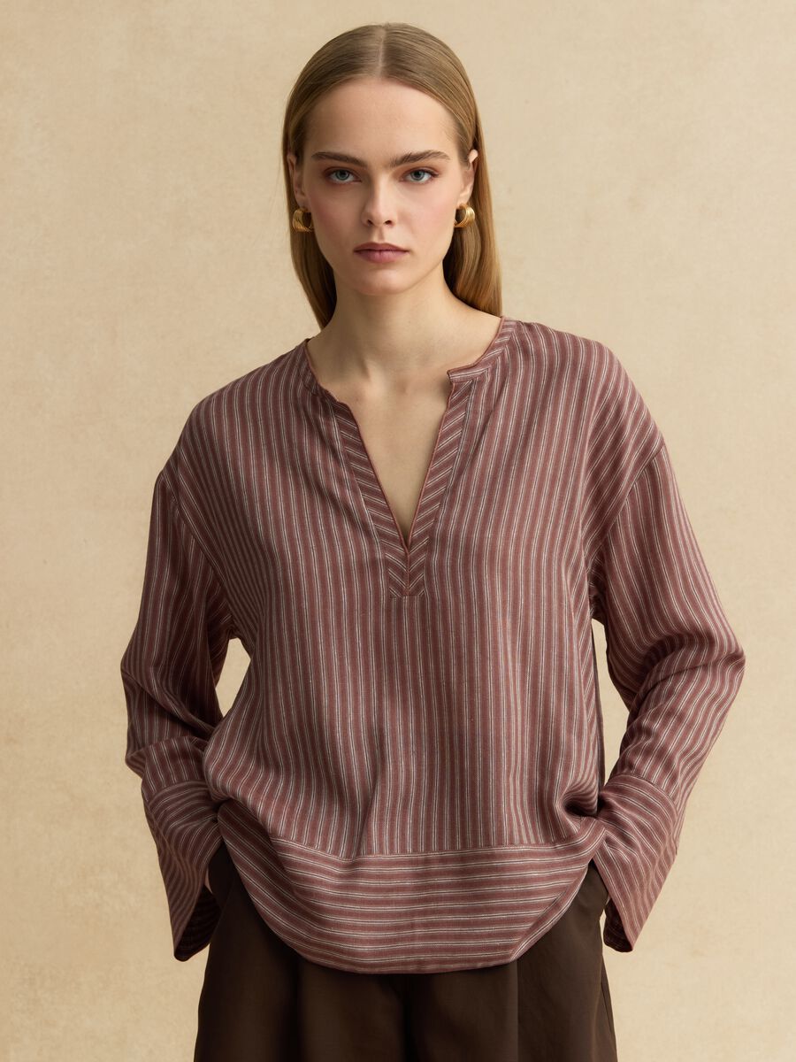 Regular Fit mehrfarbig gestreiftes Leinen-Mischgewebe-Hemd mit Stehkragen_1