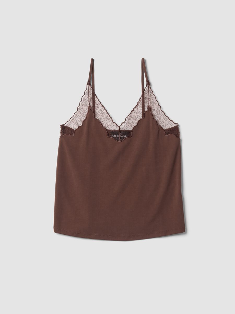 Brown stretch viscose tank top with lace and V-neckline_4