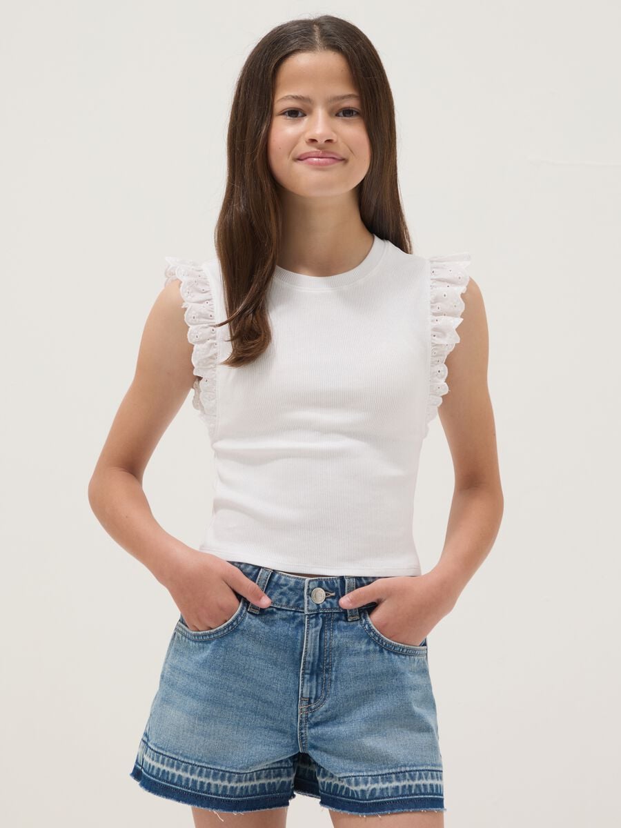 White stretch-cotton T-shirt with ruffle sleeves_0