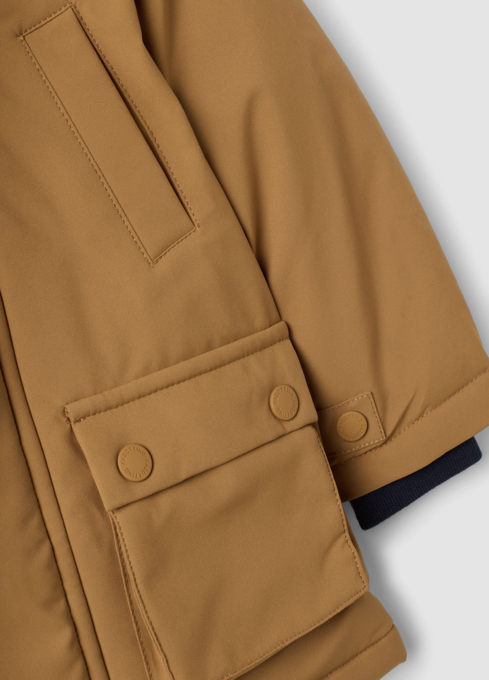 Long padded brown parka with hood, regular fit