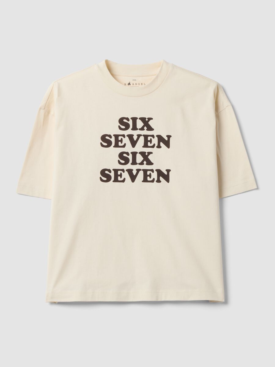 White pure cotton T-shirt with Six Seven front print, boxy fit_0