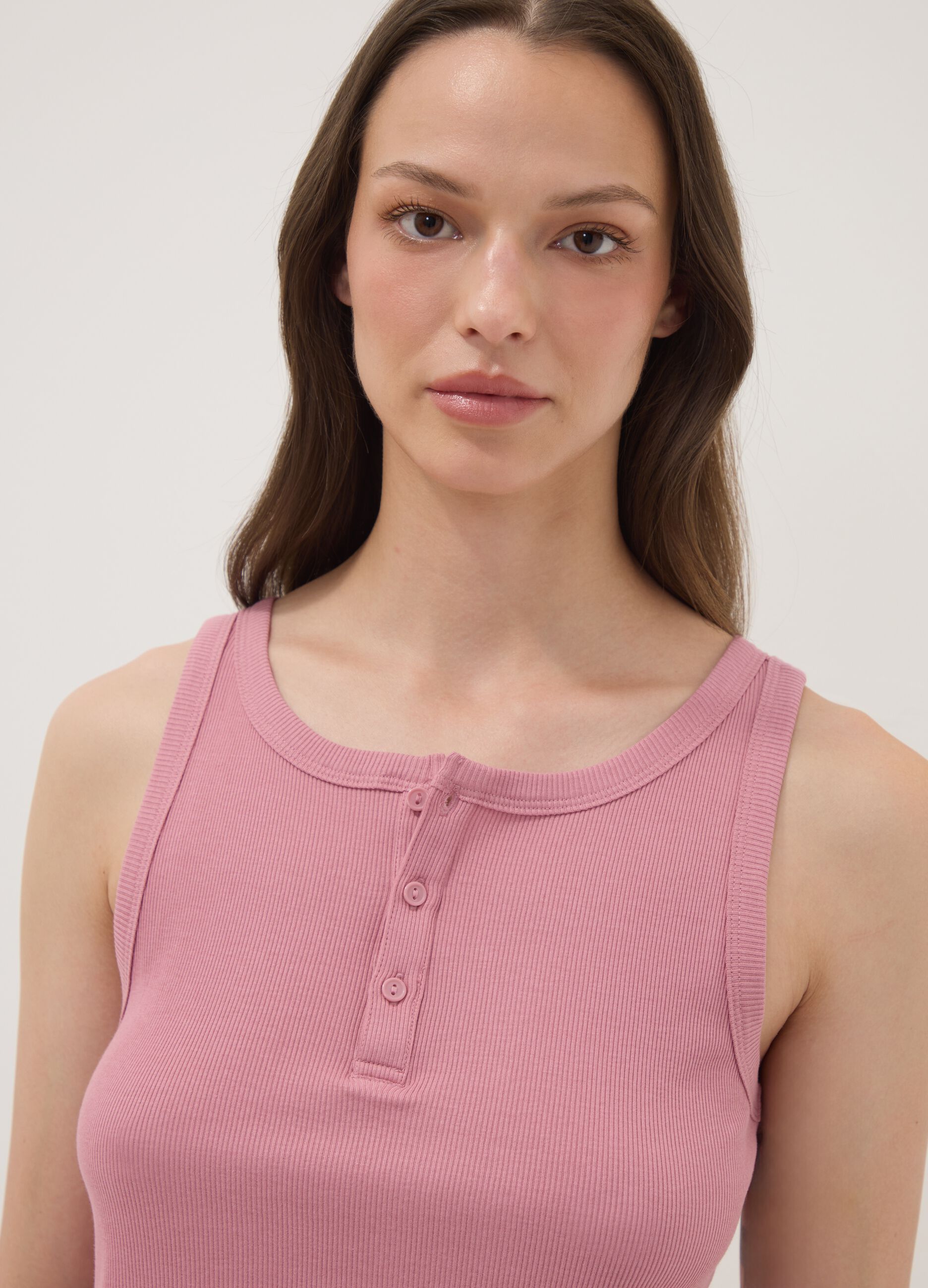 Pink ribbed cotton and viscose blend henley vest