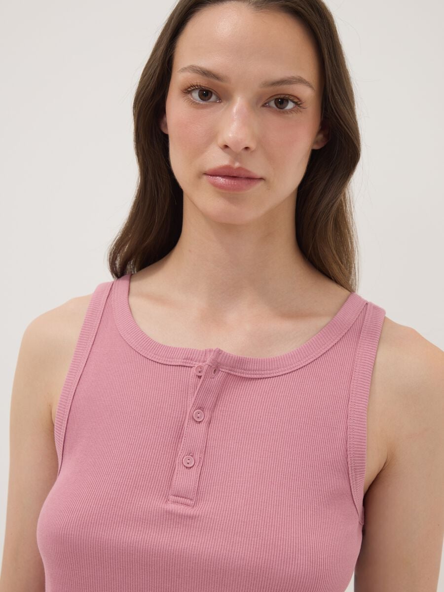 Pink ribbed cotton and viscose blend henley vest_2