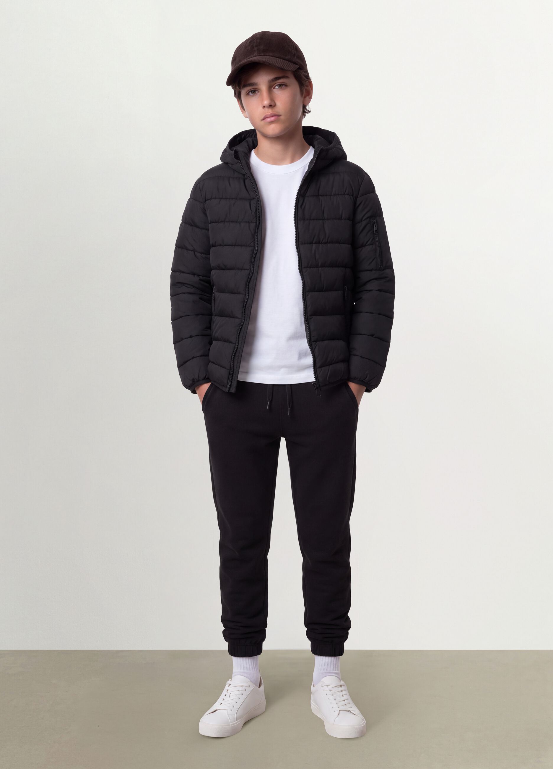 Black Ultralight padded hooded jacket with zip for boys