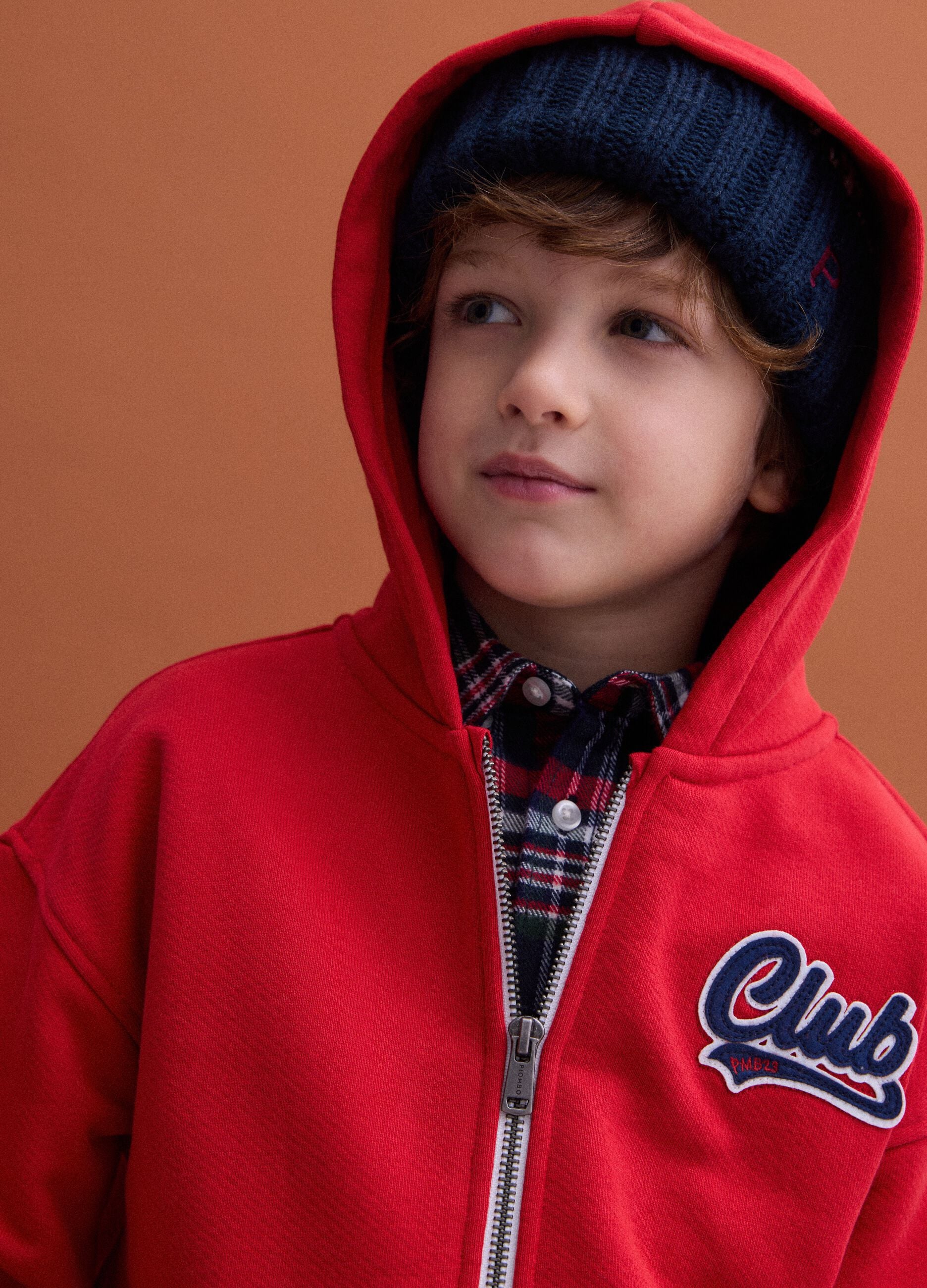 Red organic cotton hoodie with embroidered details, oversized fit, for boys