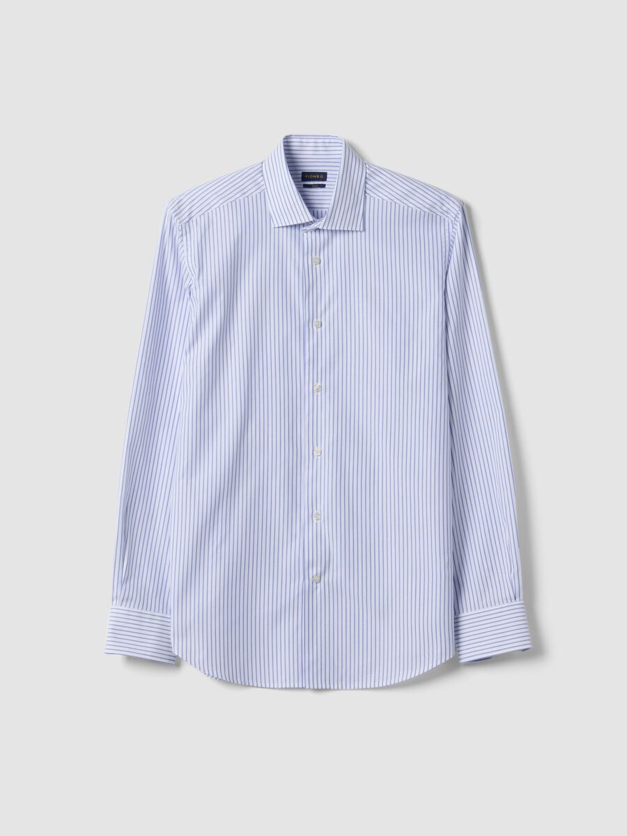 White and light-blue striped slim-fit pure cotton shirt_0