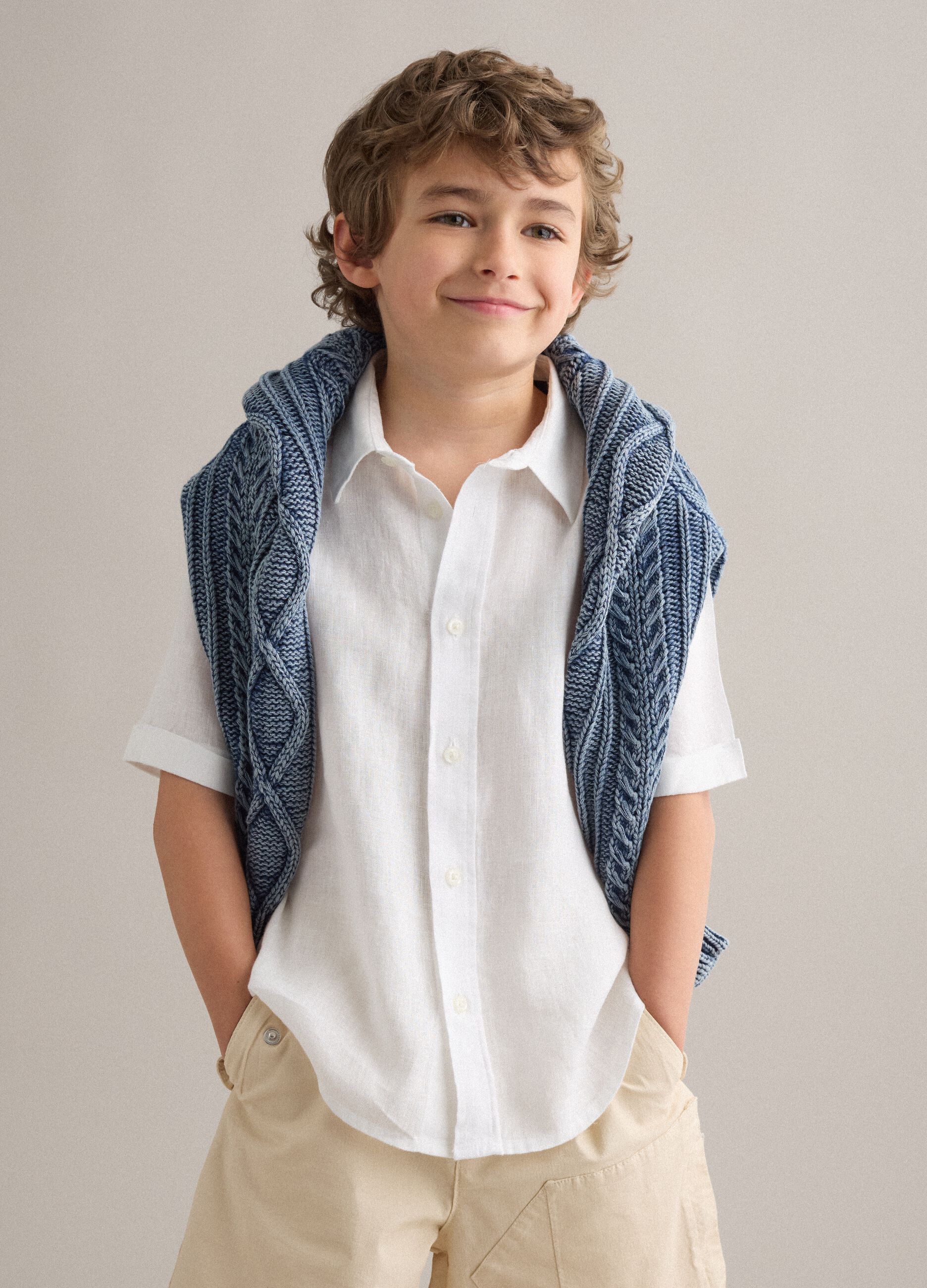 White pure linen oversized shirt for boys