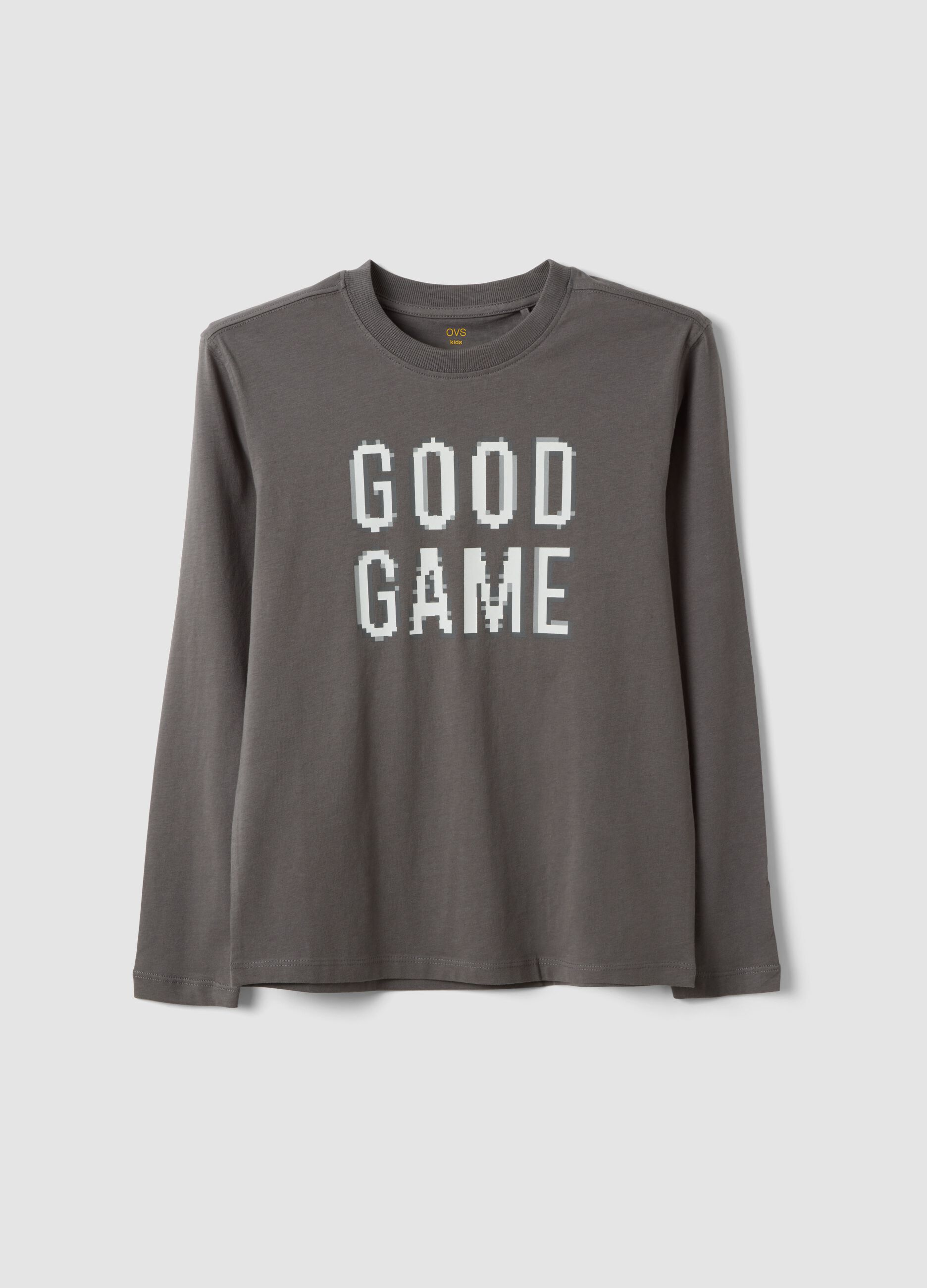 Grey pure organic cotton T-shirt with "Good Game" slogan for boys