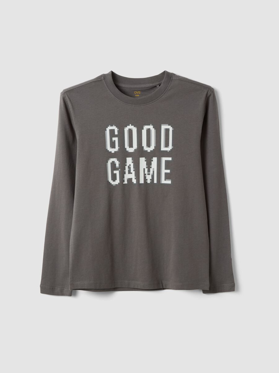 Grey pure organic cotton T-shirt with "Good Game" slogan for boys_0