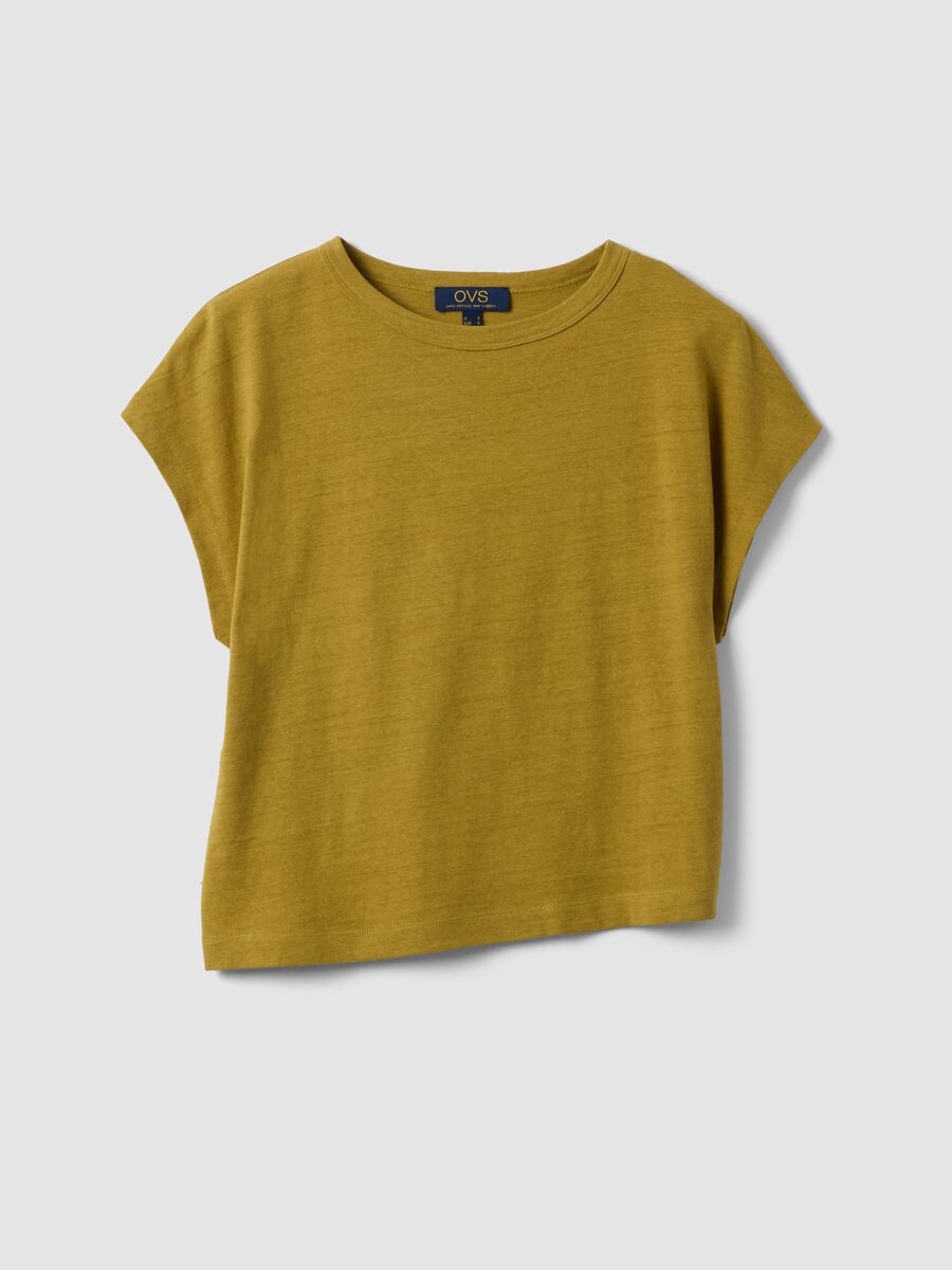 T-shirt verde de manga curta em mistura de algod&atilde;o e linho, corte regular_4