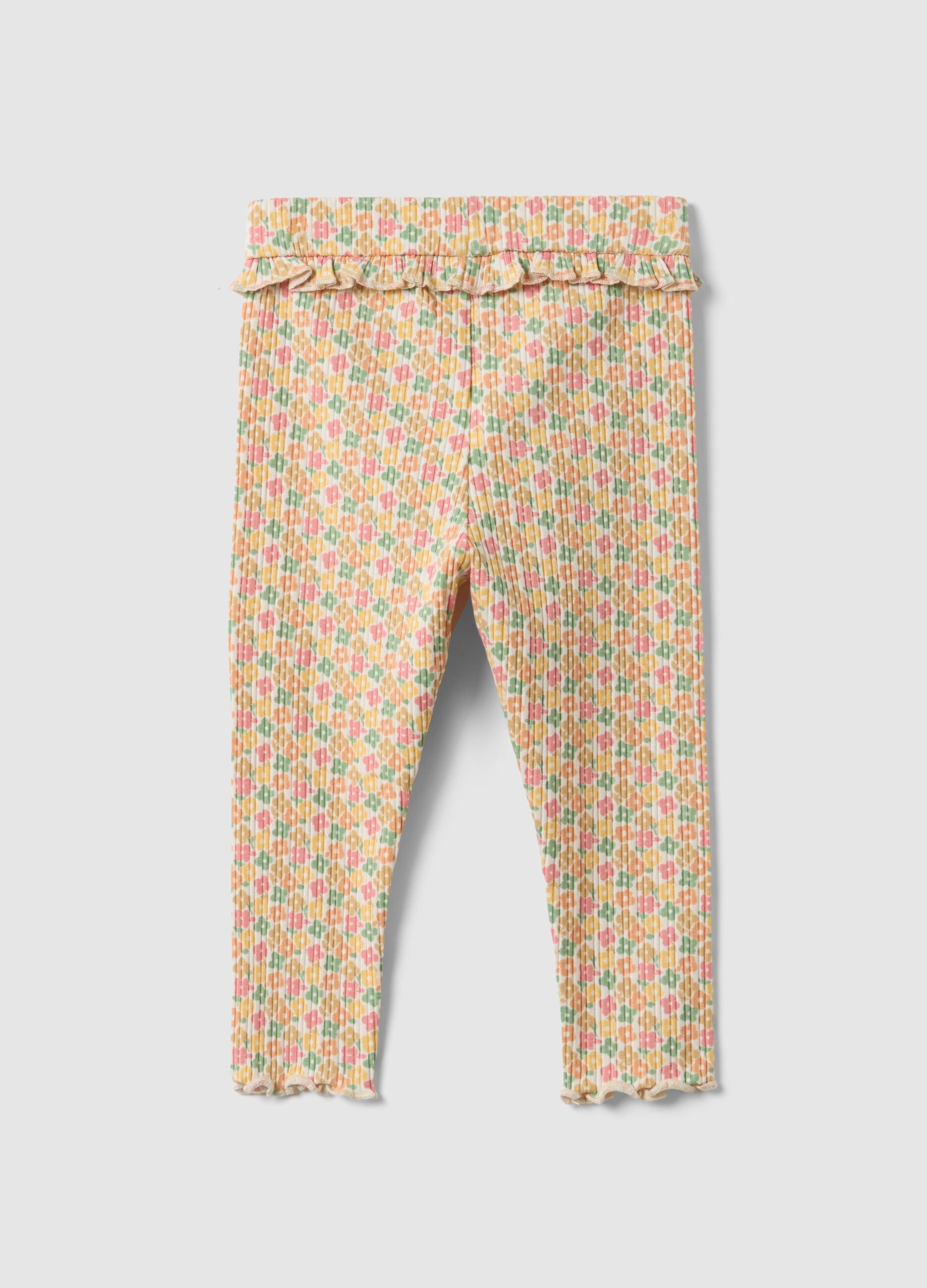 Leggings de menina slim fit em algod&atilde;o el&aacute;stico com padr&atilde;o floral