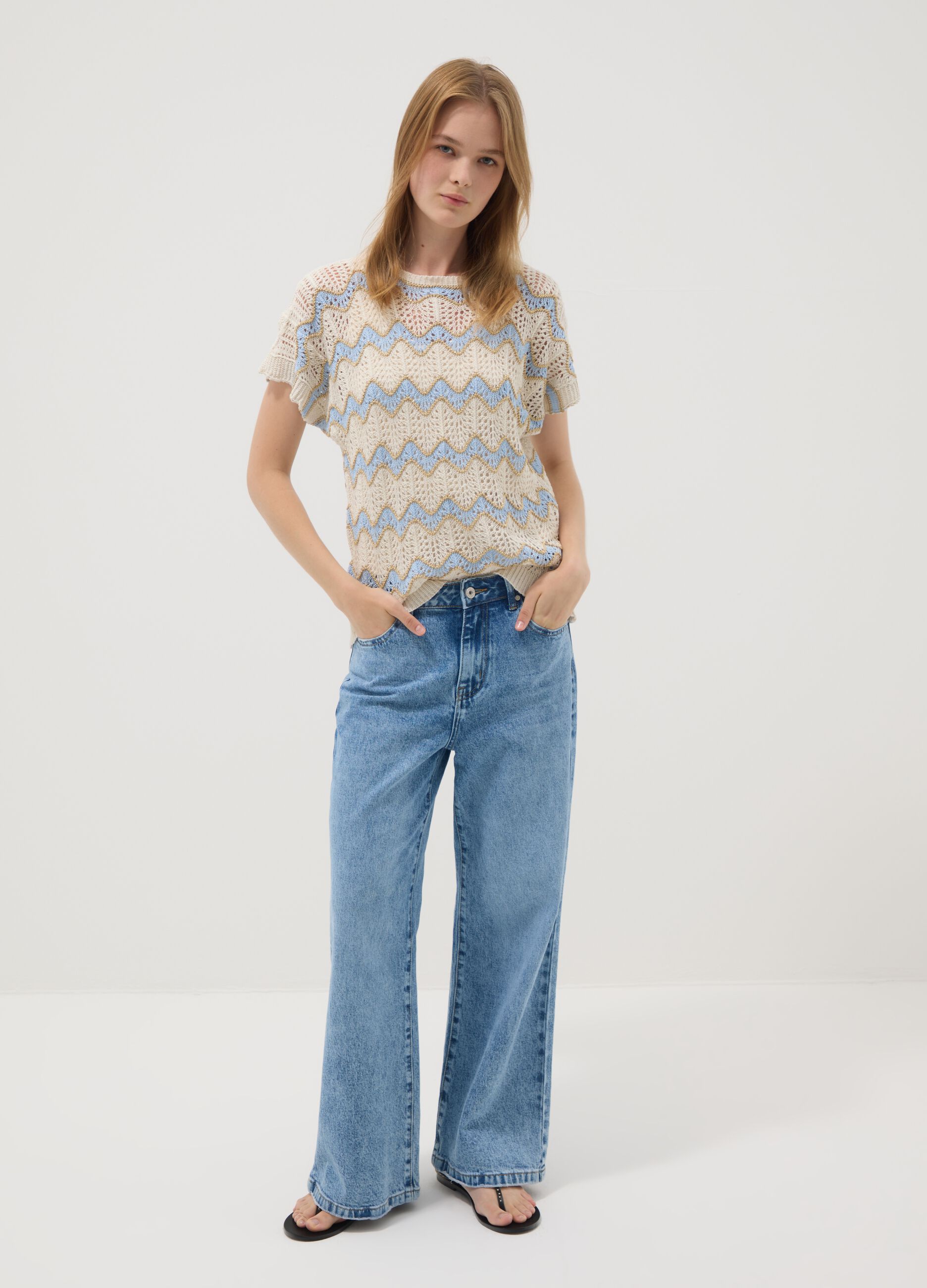 Beige stretch cotton T-shirt with openwork detailing