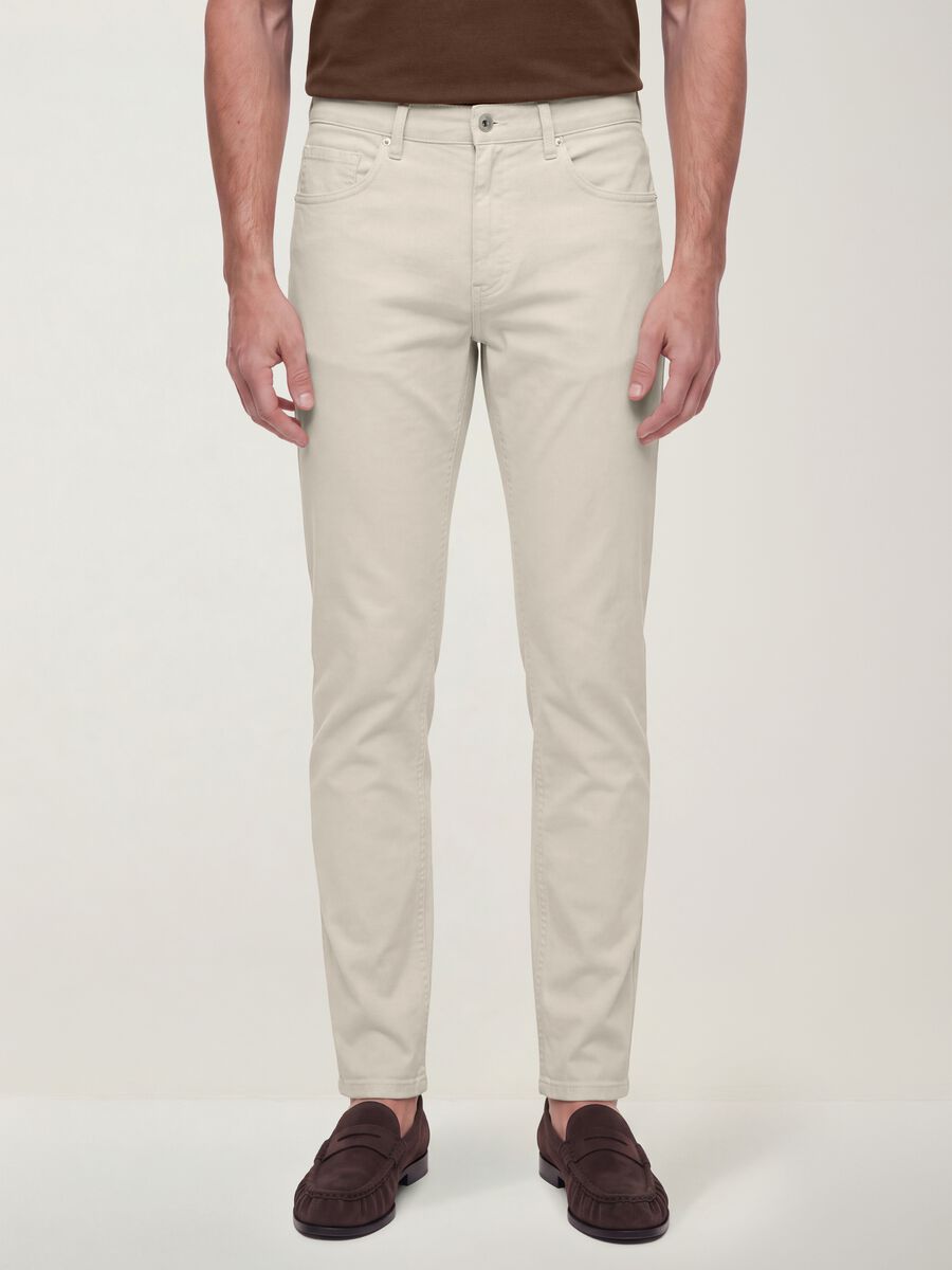 Beige slim-fit stretch cotton twill trousers_1