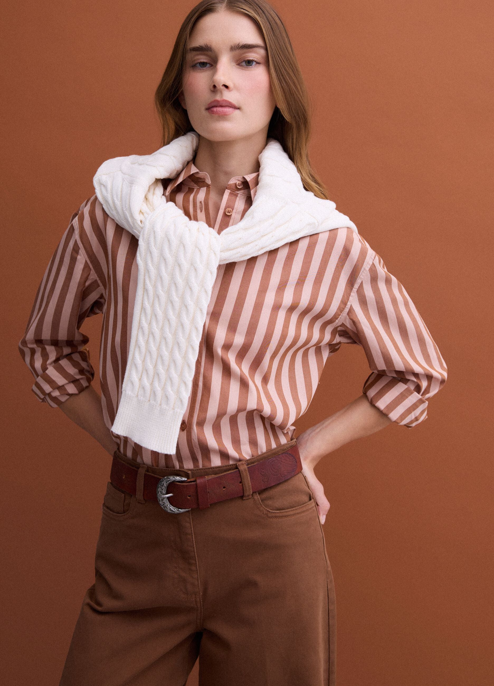 Brown striped pure cotton poplin shirt, regular fit