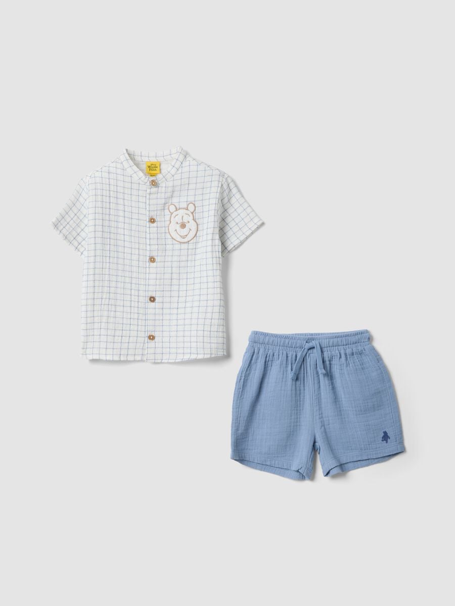 Blue and white pure cotton set with shirt and shorts_0