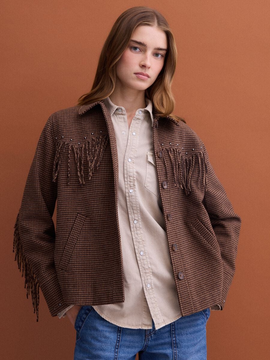 Blazer marrone in misto lana e viscosa con frange applicate_0