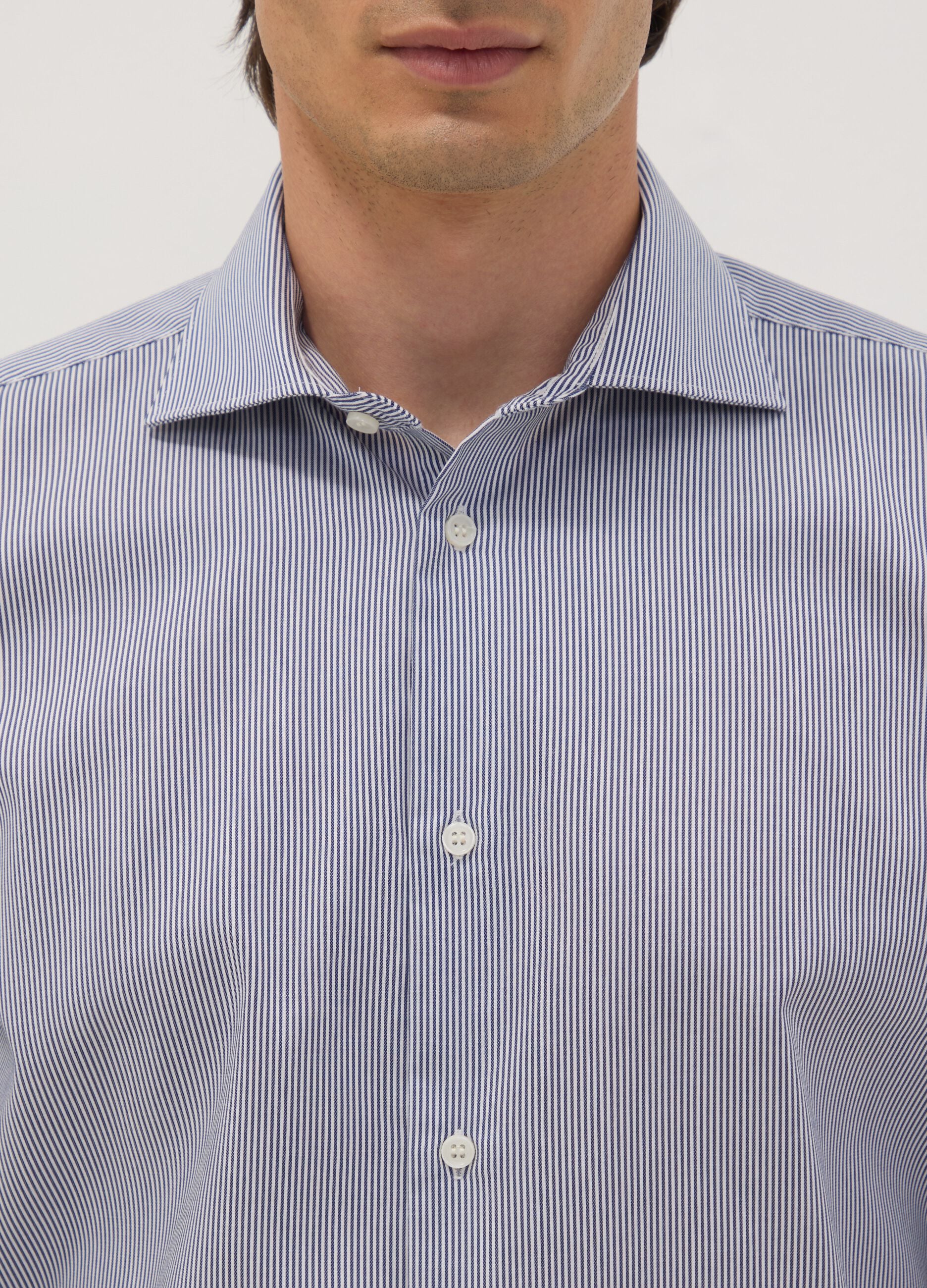 Blue pure cotton striped shirt with French collar, slim fit, non-iron